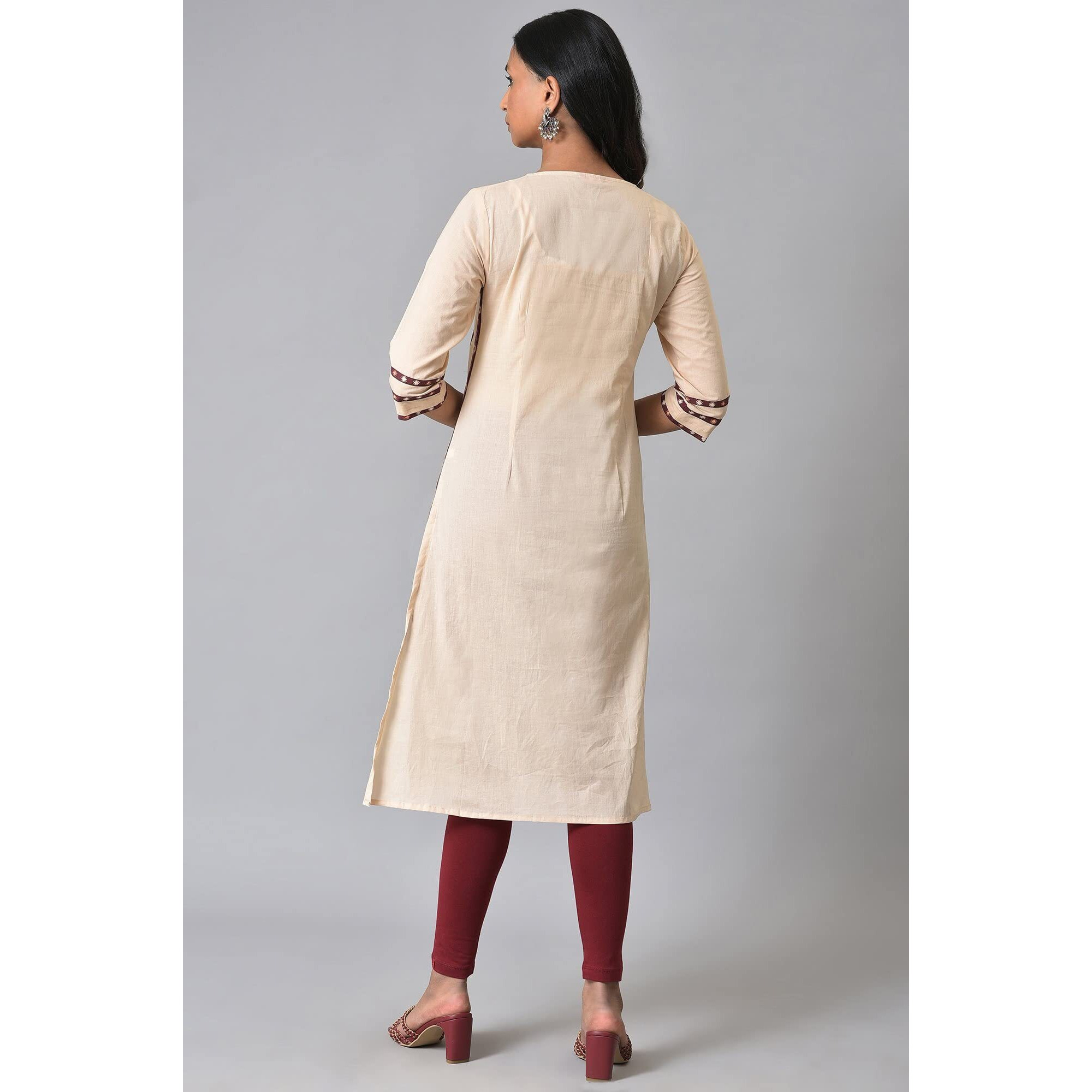 W Gold Khadi Floral Printed Straight Long Cotton Kurta For Women
