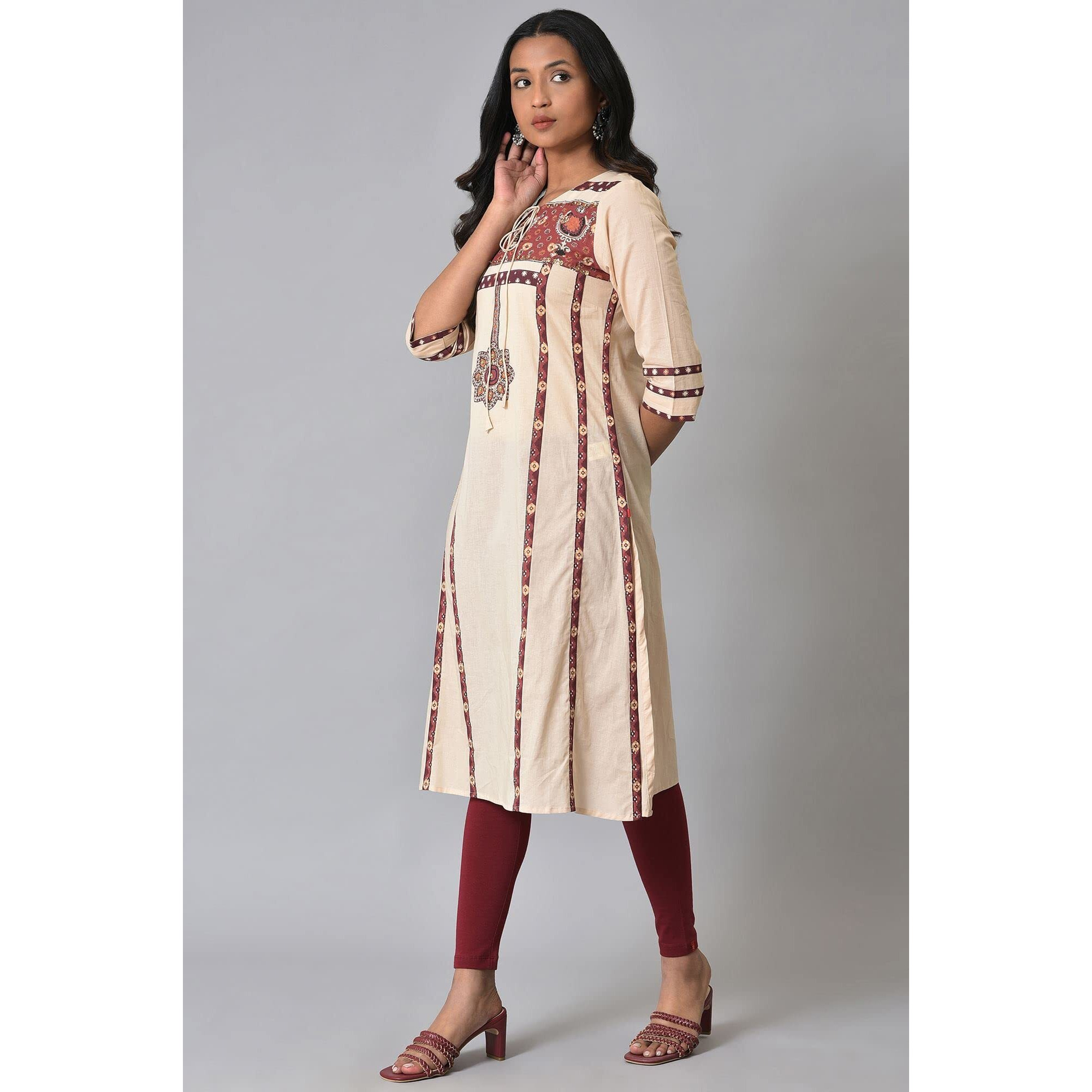 W Gold Khadi Floral Printed Straight Long Cotton Kurta For Women