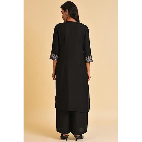 W For Woman Black Placement Print A-Line Kurta_23Few18178-312432_S