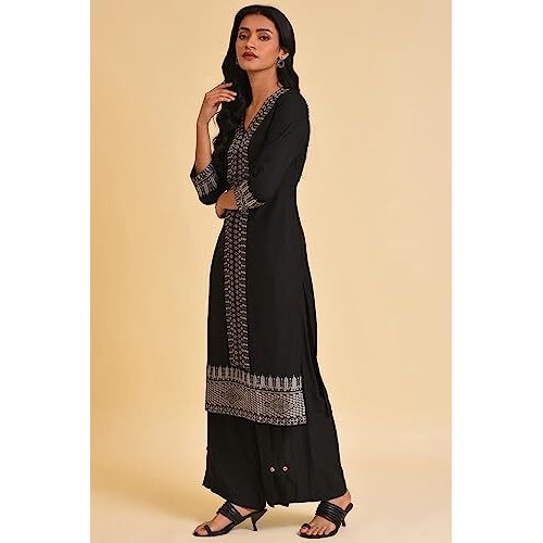 W For Woman Black Placement Print A-Line Kurta_23Few18178-312432_S
