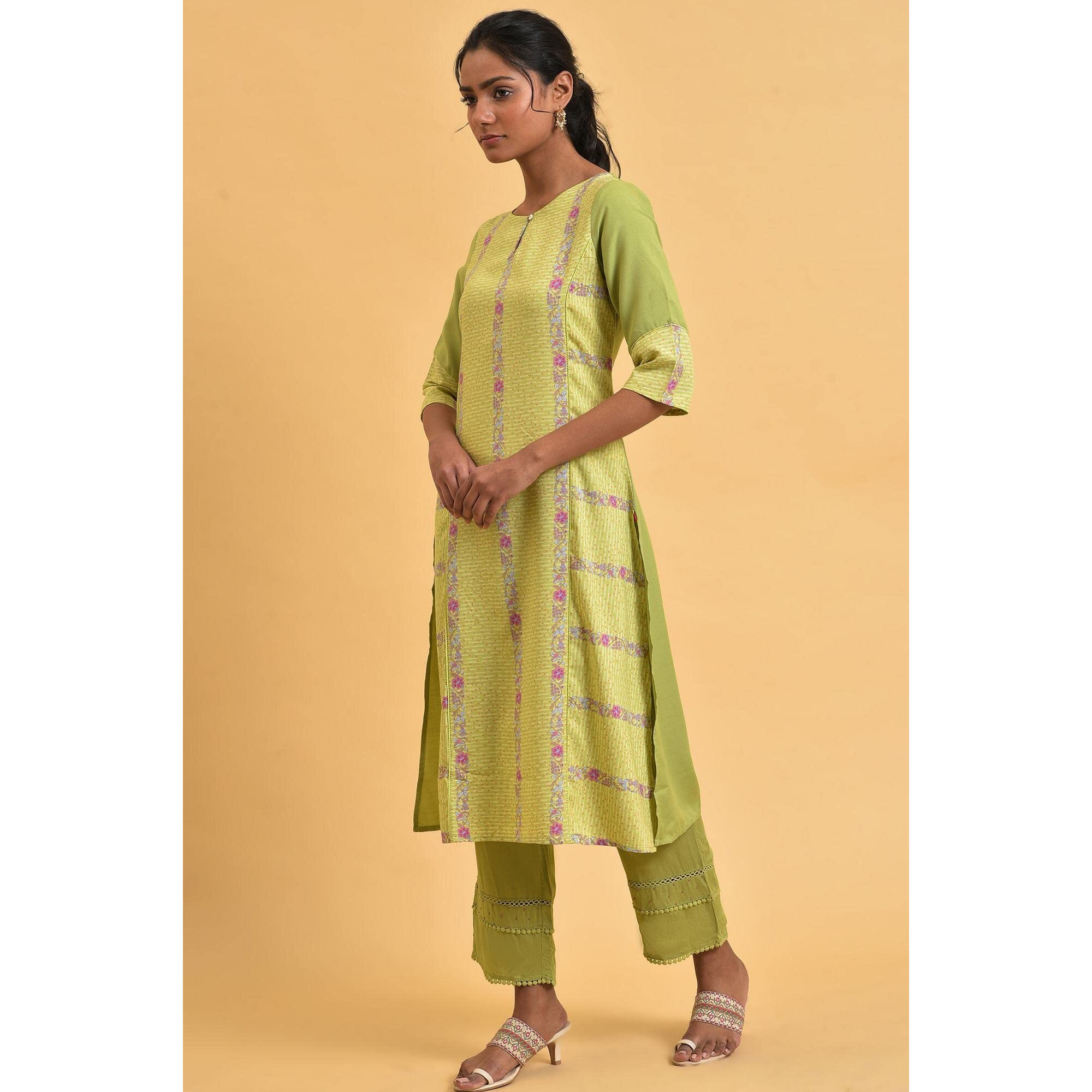 W For Woman Green Floral Printed Straight Plus Size Summer Kurta_23Few18435G-119550_4Xl