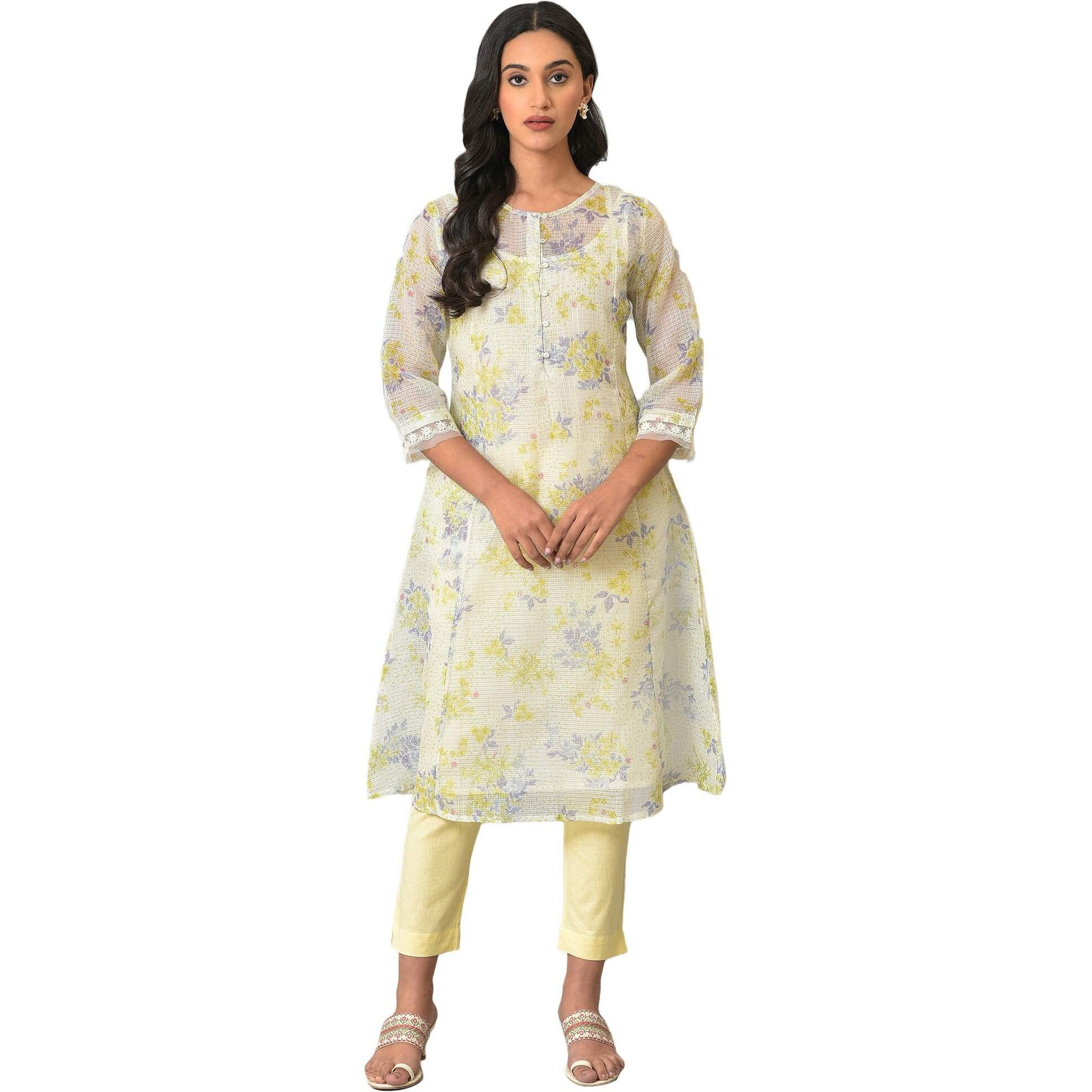 W Ecru Floral Printed Synthetic Lace Regular Kurta For Women
