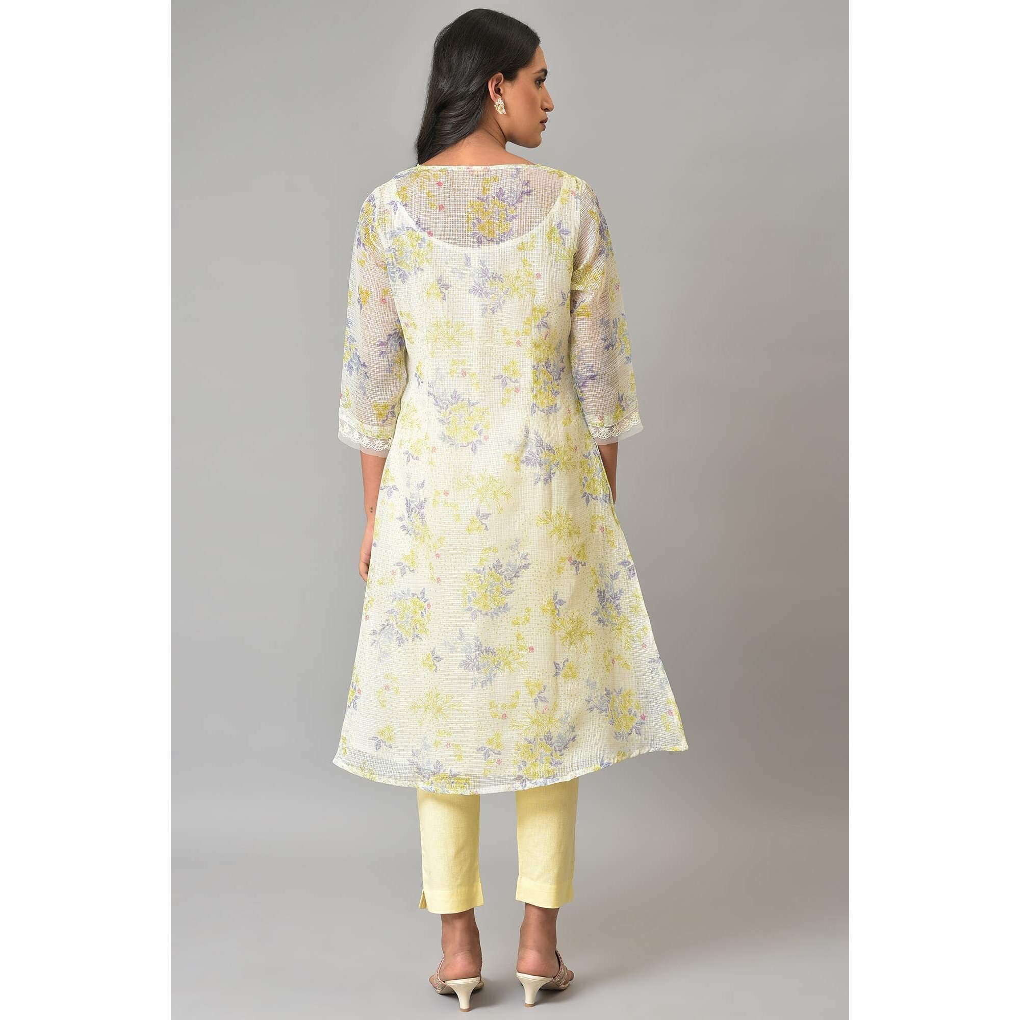 W Ecru Floral Printed Synthetic Lace Regular Kurta For Women