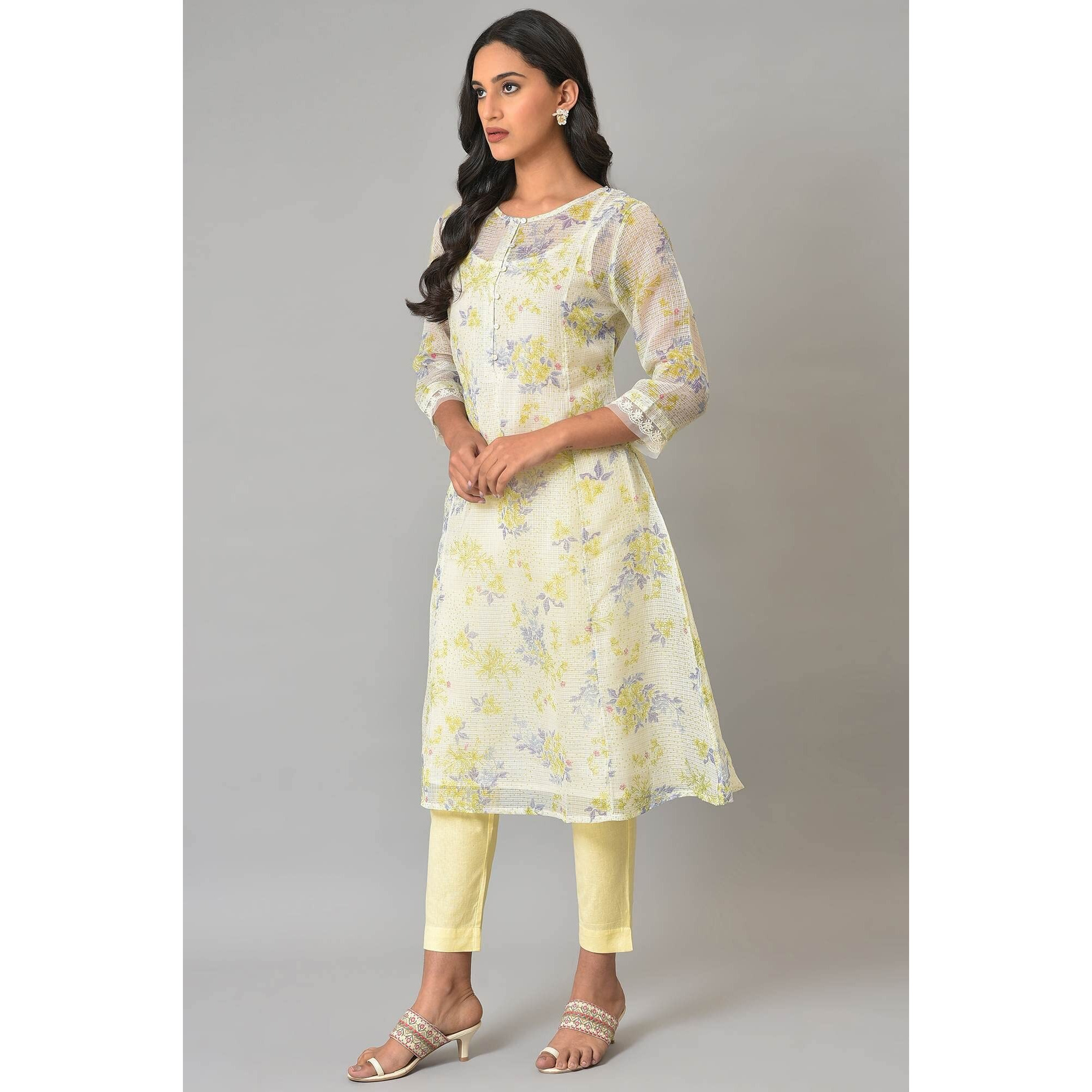 W Ecru Floral Printed Synthetic Lace Regular Kurta For Women