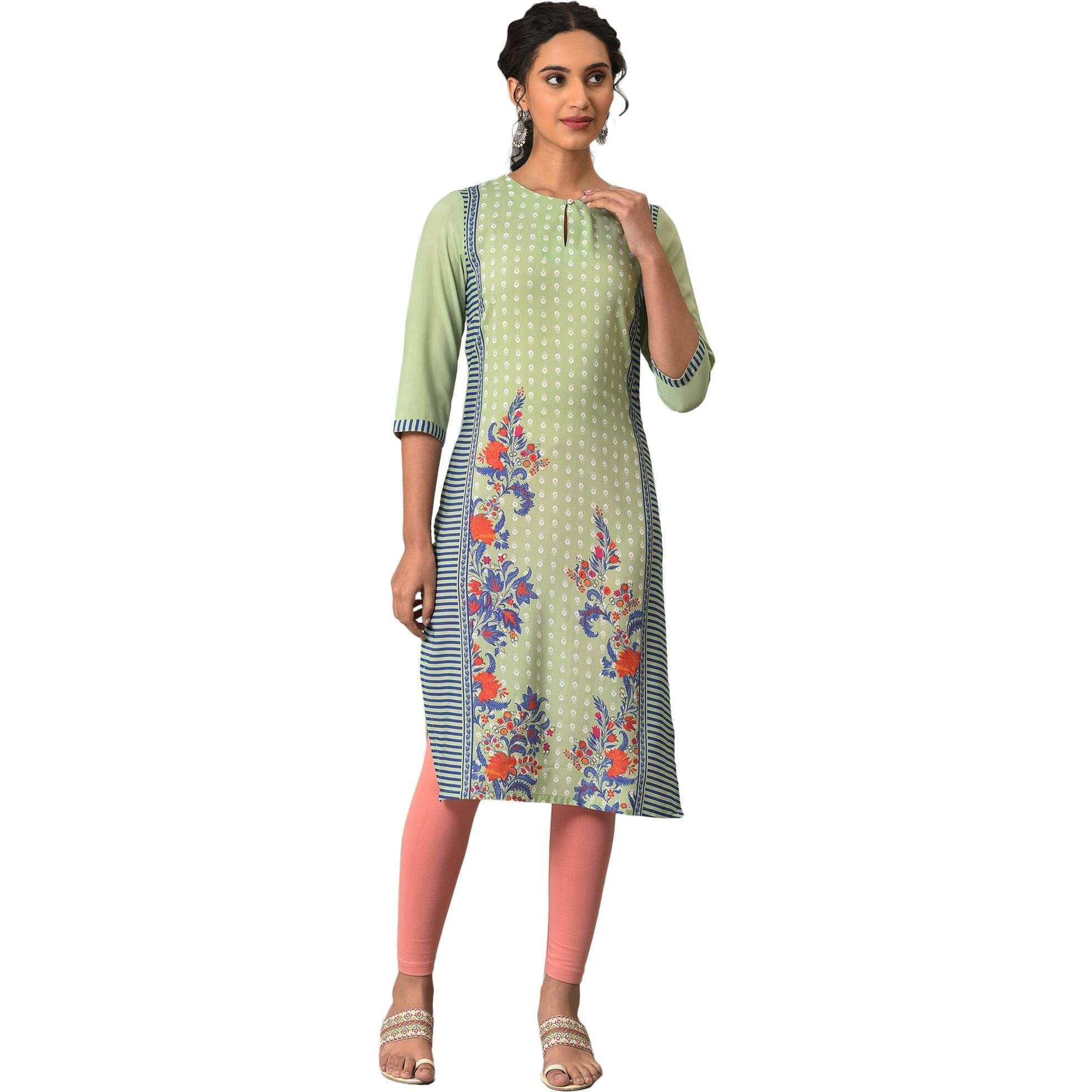 W For Woman Green Print Mix Summer Kurta_23Few18439-119570_M_10