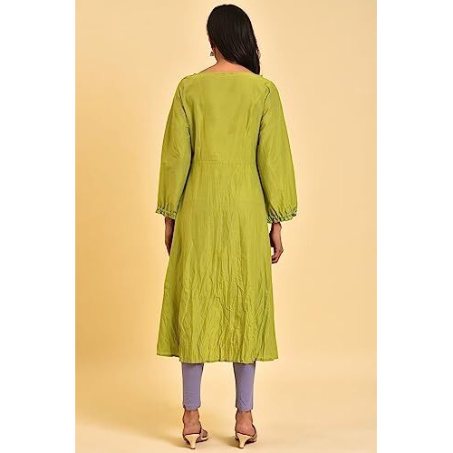 W For Woman Solid Cotton Round Neck Women's Casual Wear Kurta (Green,Large)