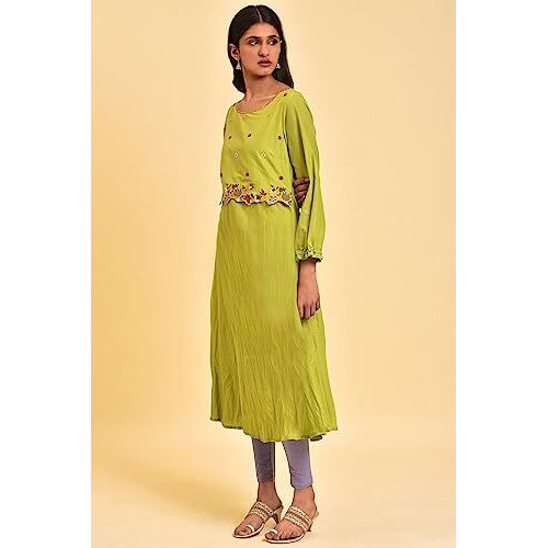 W For Woman Solid Cotton Round Neck Women's Casual Wear Kurta (Green,Large)