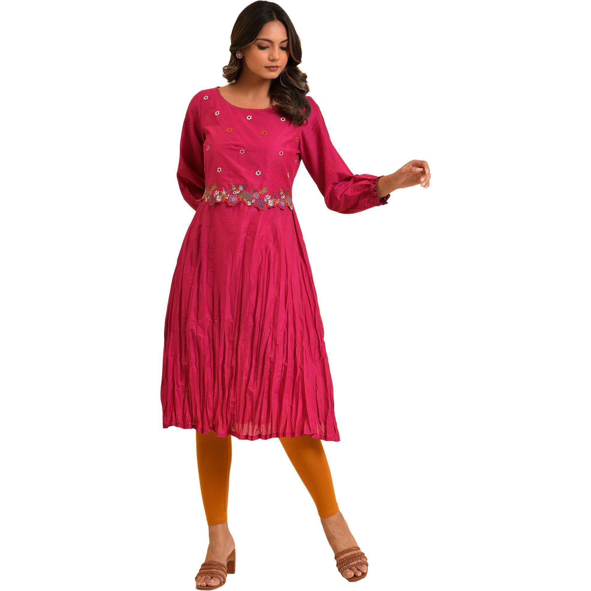 W For Woman Pink Embroidered Crinkled Kurta (Size Xl)-23Few18441-217950