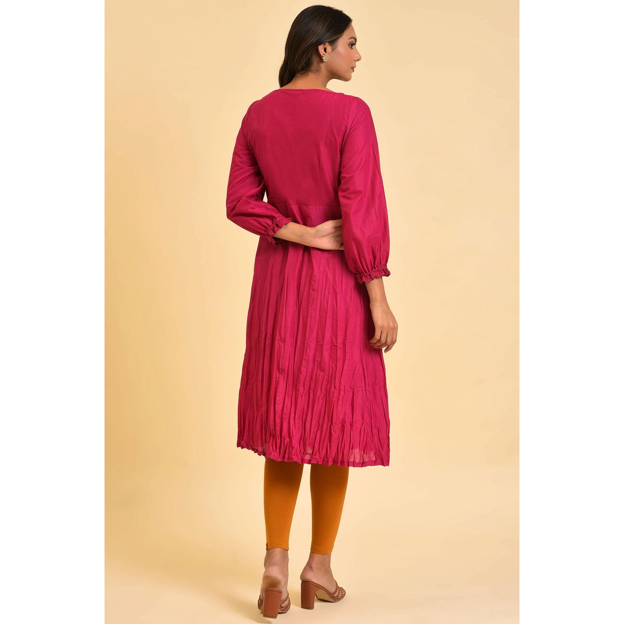 W For Woman Pink Embroidered Crinkled Kurta (Size Xl)-23Few18441-217950