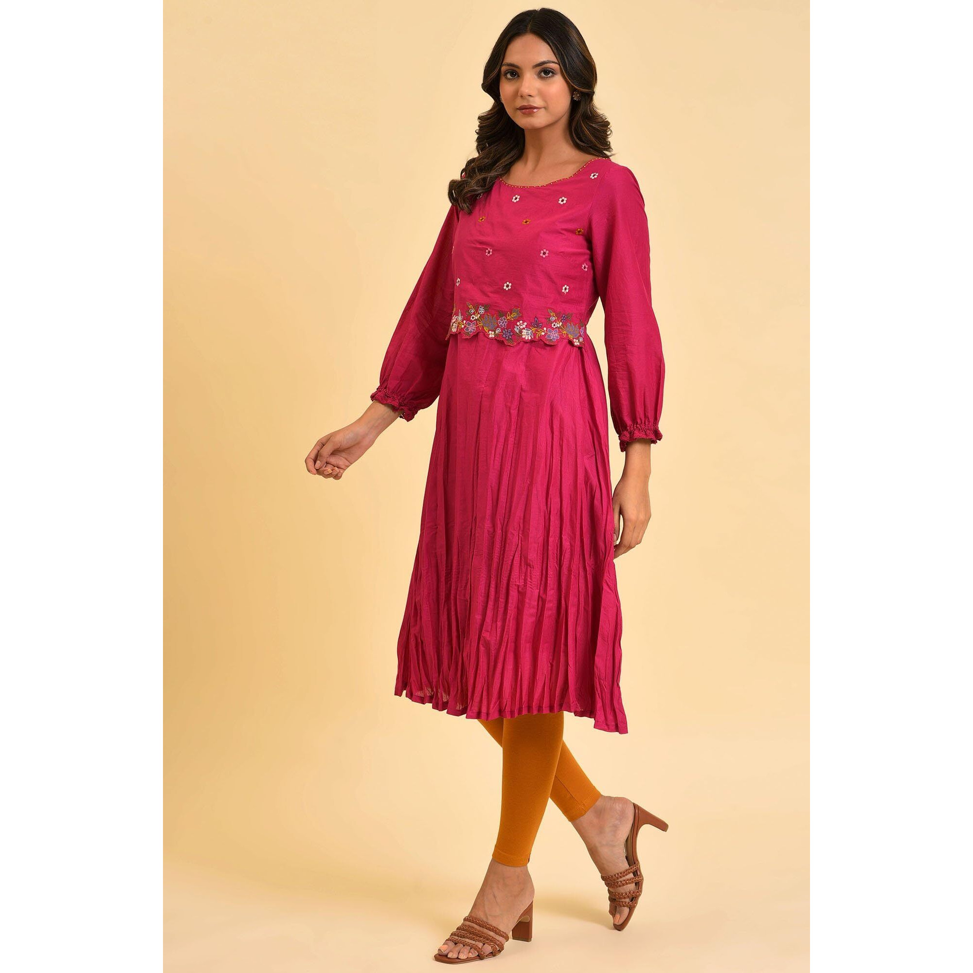 W For Woman Pink Embroidered Crinkled Kurta (Size Xl)-23Few18441-217950
