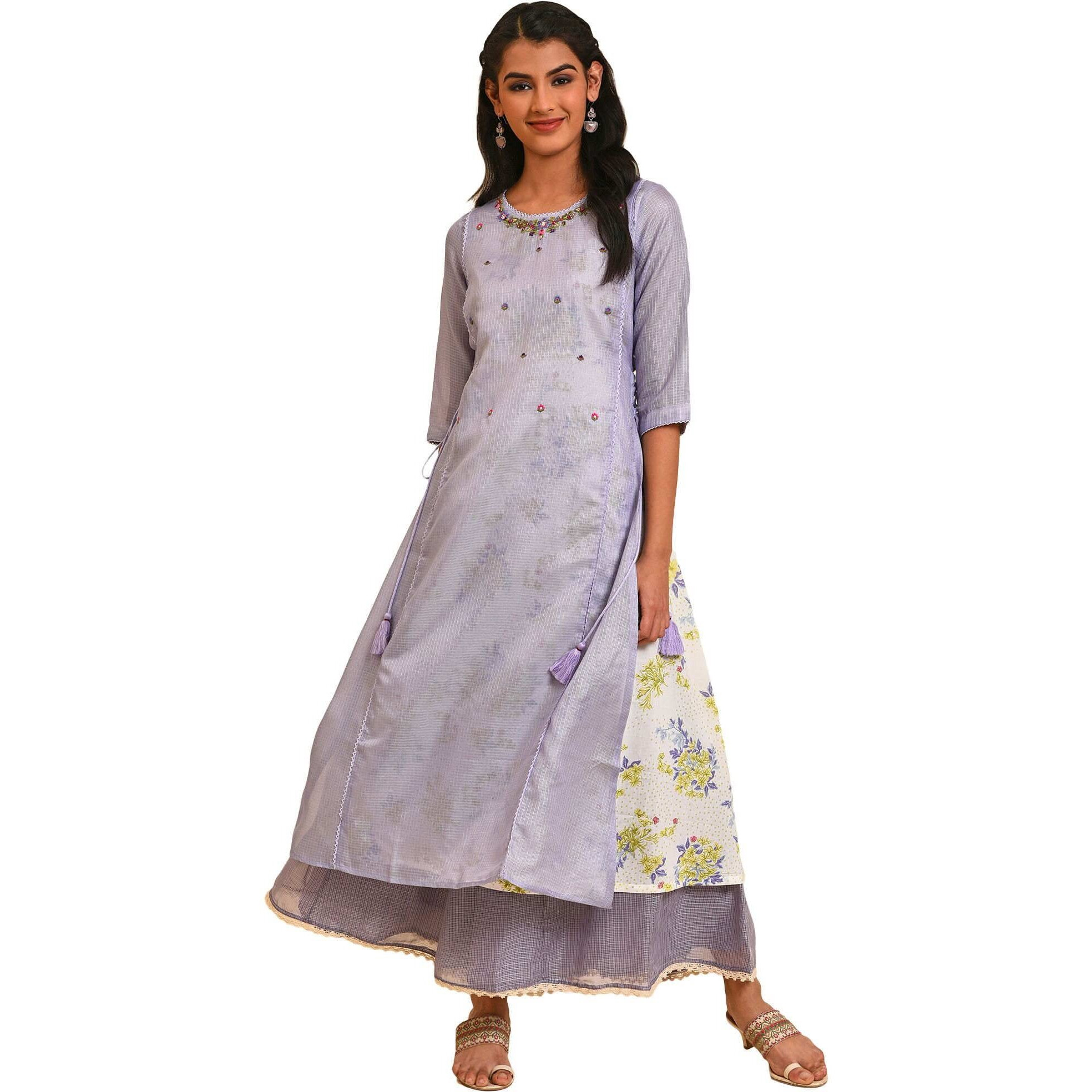 W For Woman Women's Polyester Purple Kota Layered Printed Regular Fit Kurta_23Few18445-218452_Xs