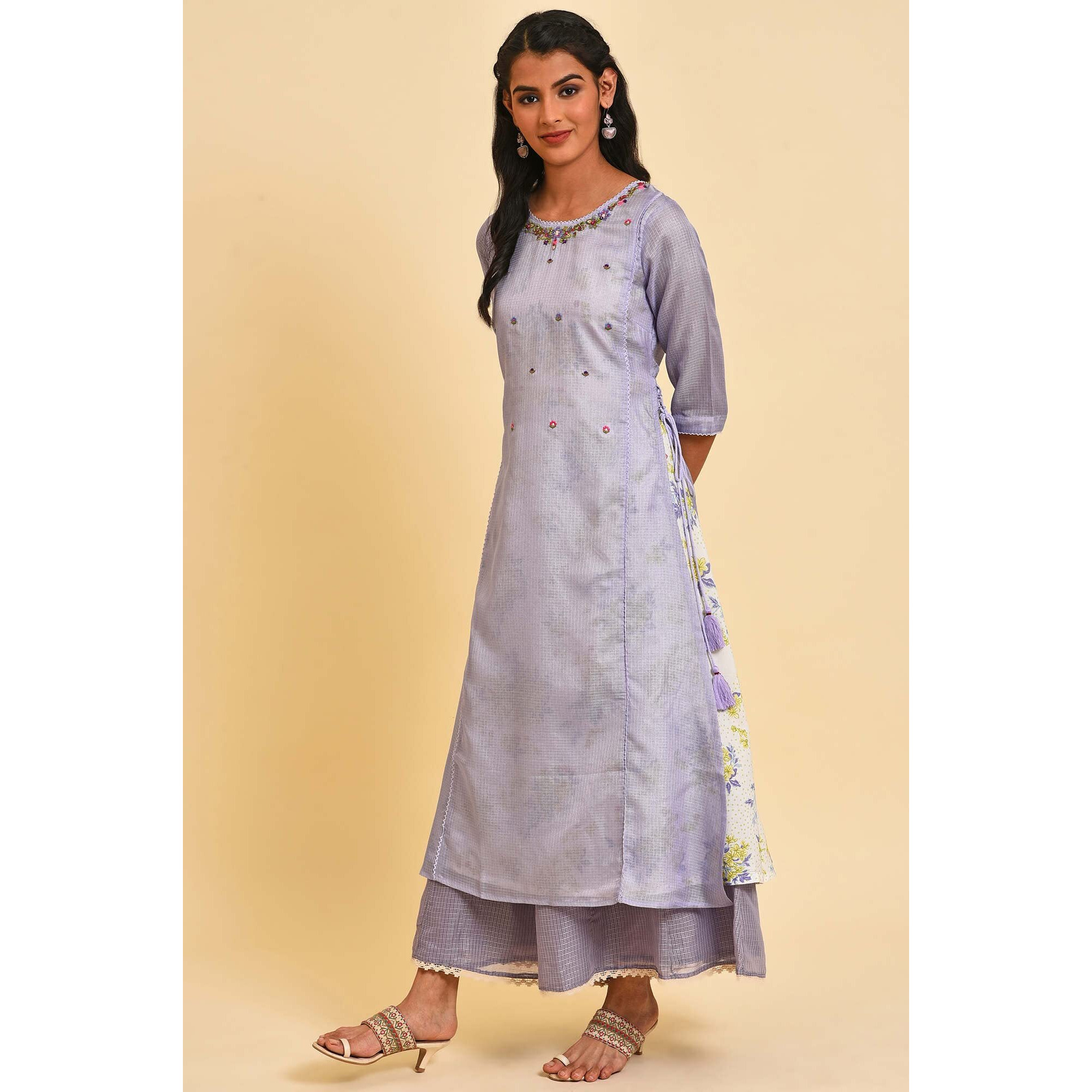 W For Woman Women's Polyester Purple Kota Layered Printed Regular Fit Kurta_23Few18445-218452_Xs