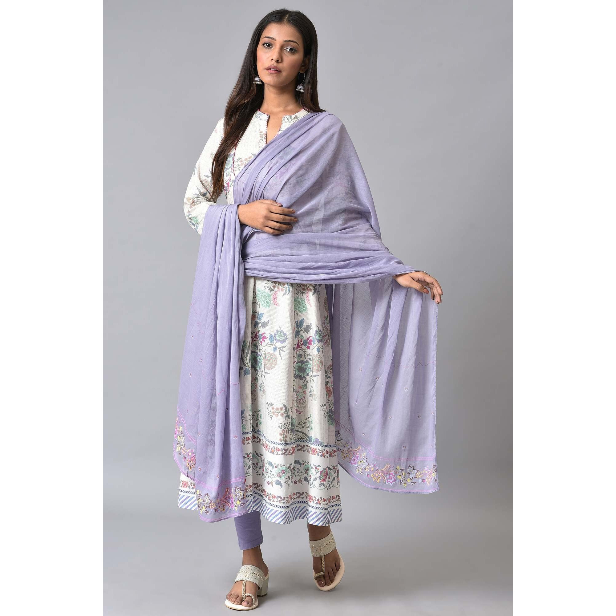 W For Woman Women Purple Cotton Floral Printed Dupatta, Free Size_Wfs