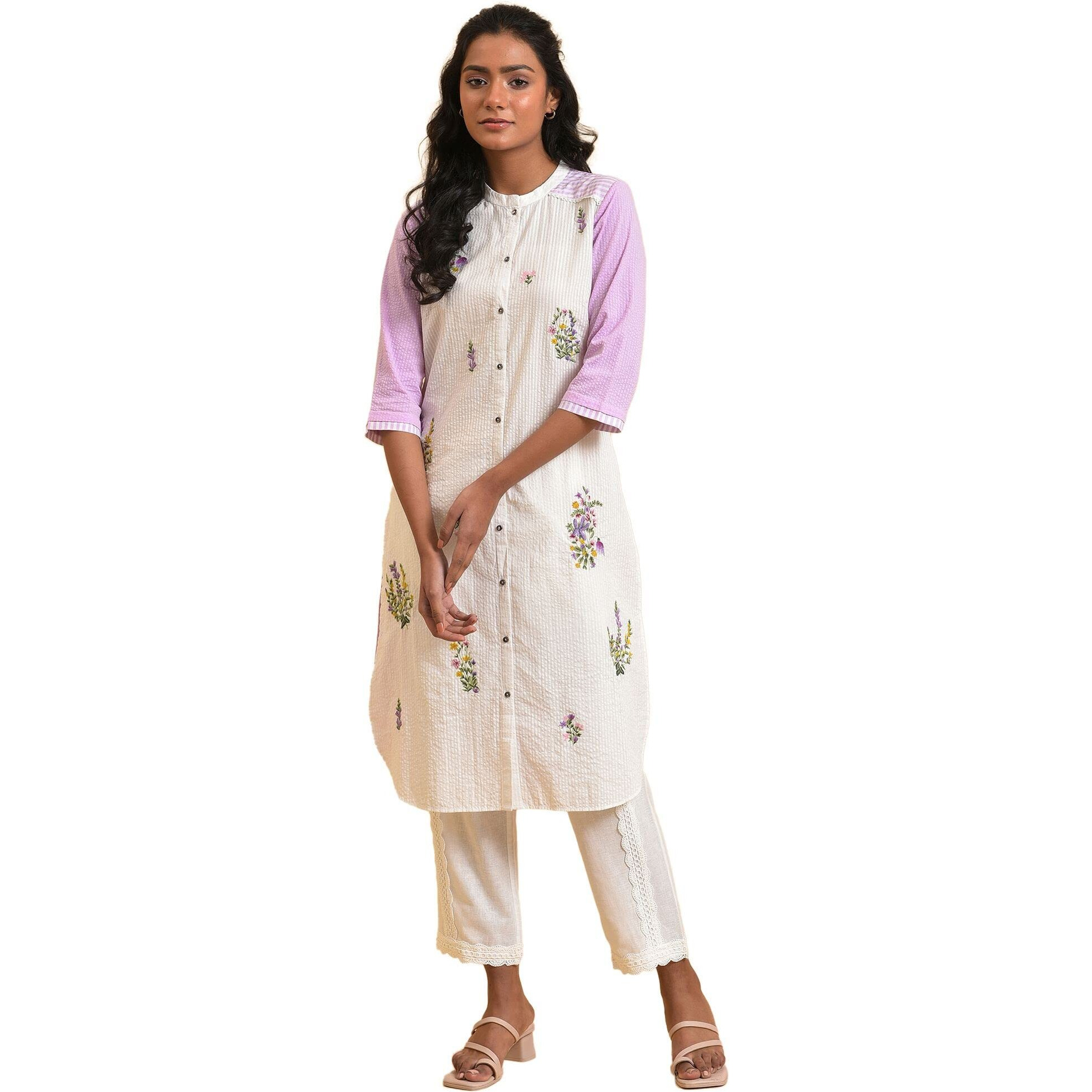 W For Women White And Light Purple Seer Sucker Embroidered Summer Kurta_23Few18905-312891_S