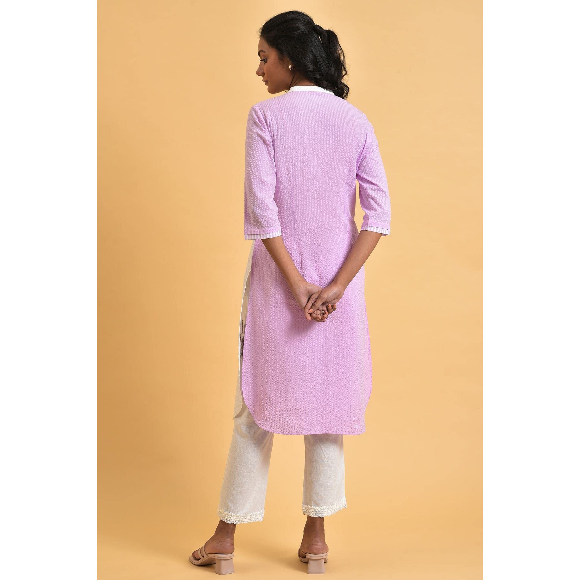 W For Women White And Light Purple Seer Sucker Embroidered Summer Kurta_23Few18905-312891_S