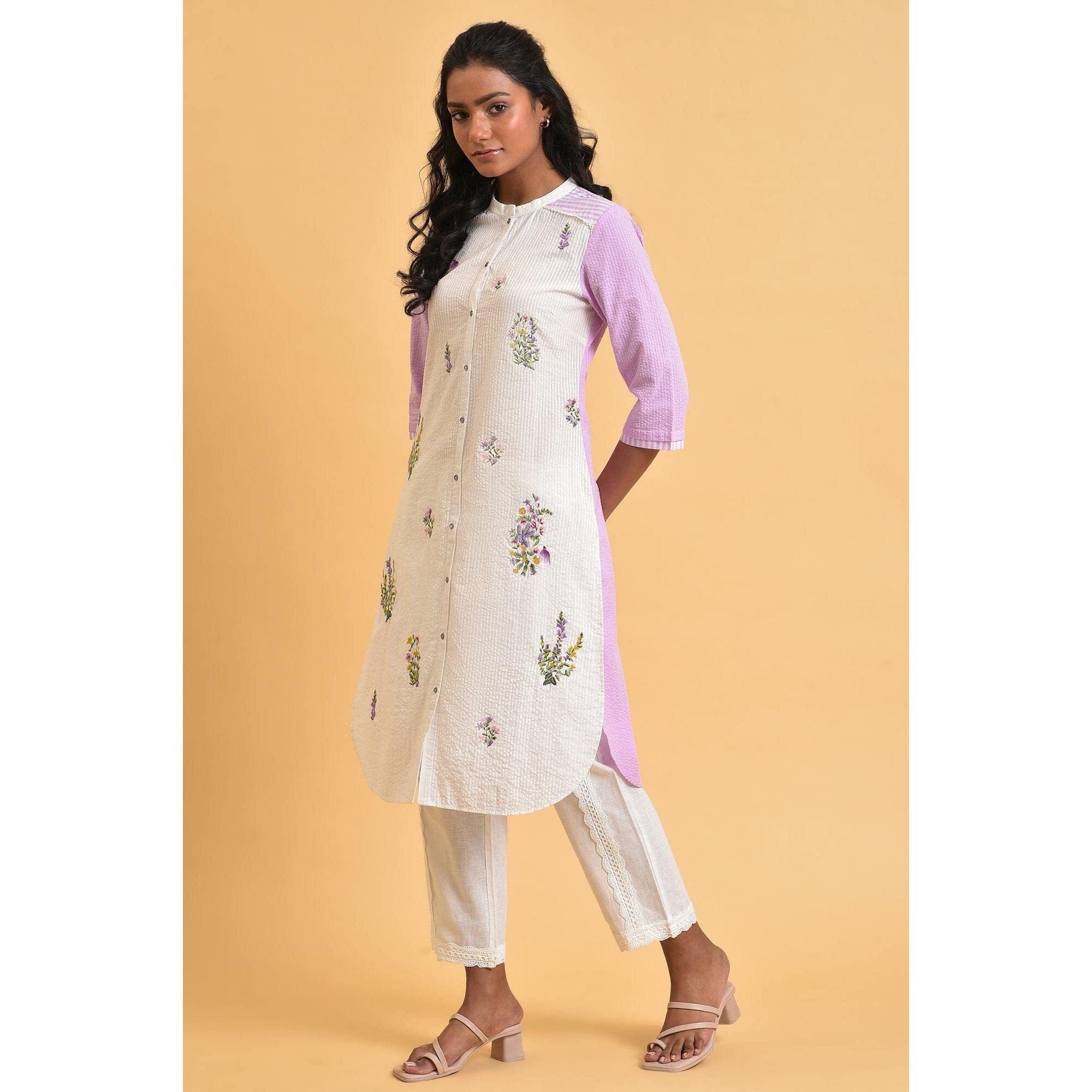 W For Women White And Light Purple Seer Sucker Embroidered Summer Kurta_23Few18905-312891_S