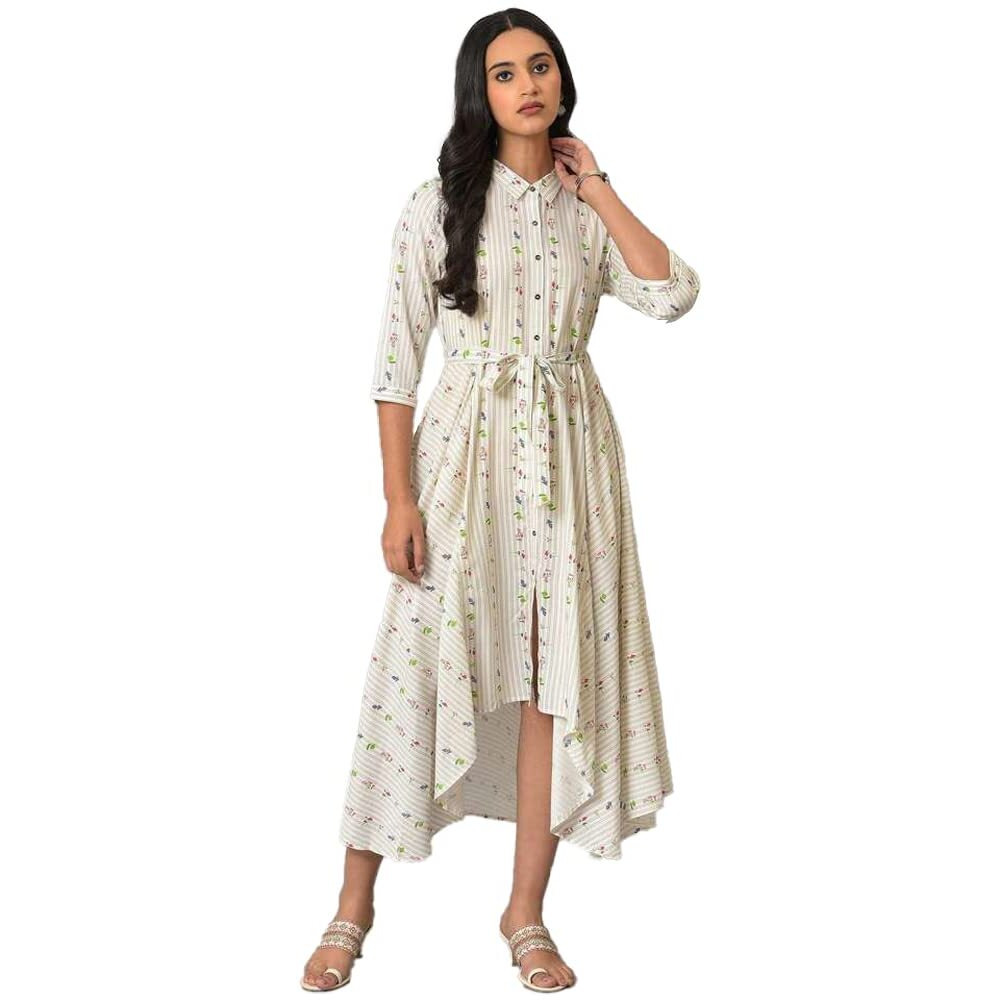W For Woman Women's Viscose Ecru Printed Summer Shirt Dress Knee-Length (23Few18908-120293 14)