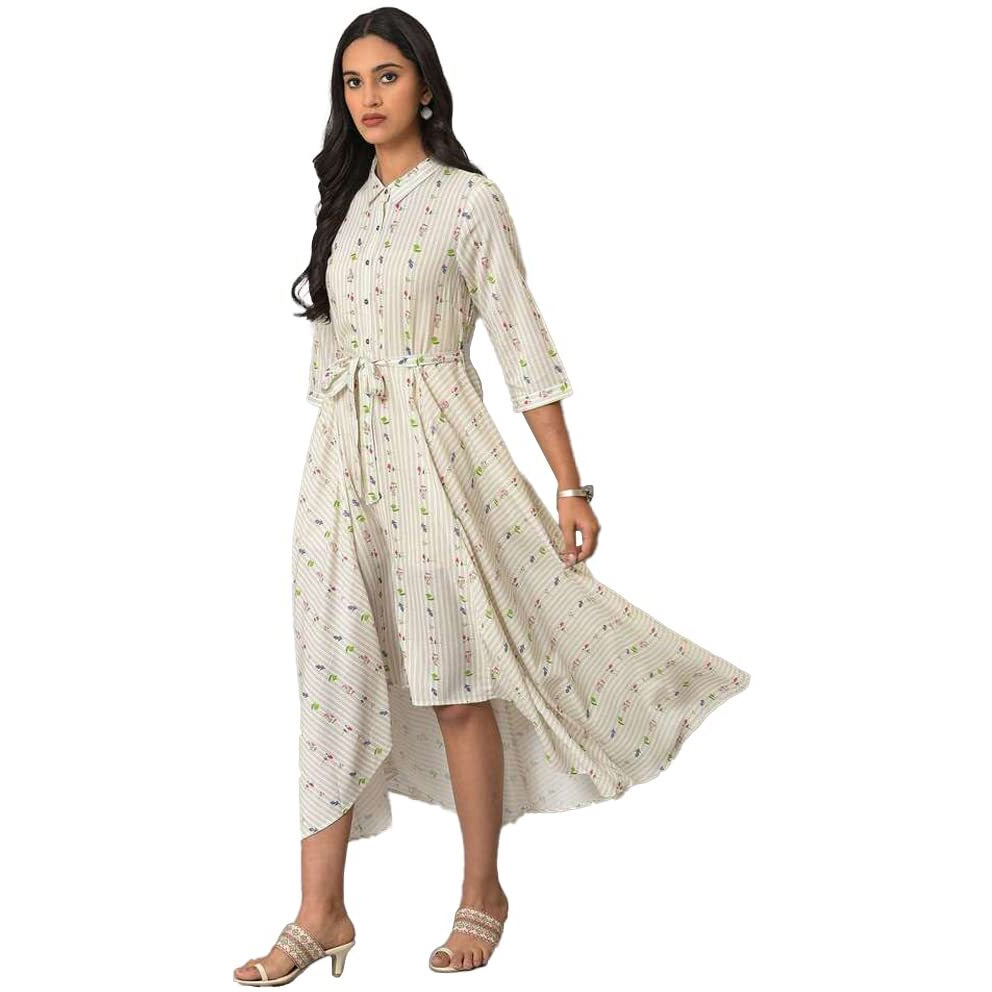 W For Woman Women's Viscose Ecru Printed Summer Shirt Dress Knee-Length (23Few18908-120293 14)