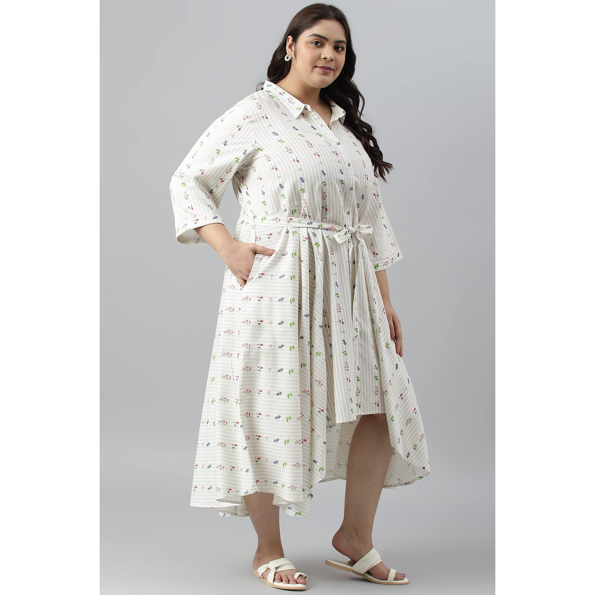 W For Woman Ecru Printed Summer Plus Size Shirt Dress_23Few18908G-120293_4Xl