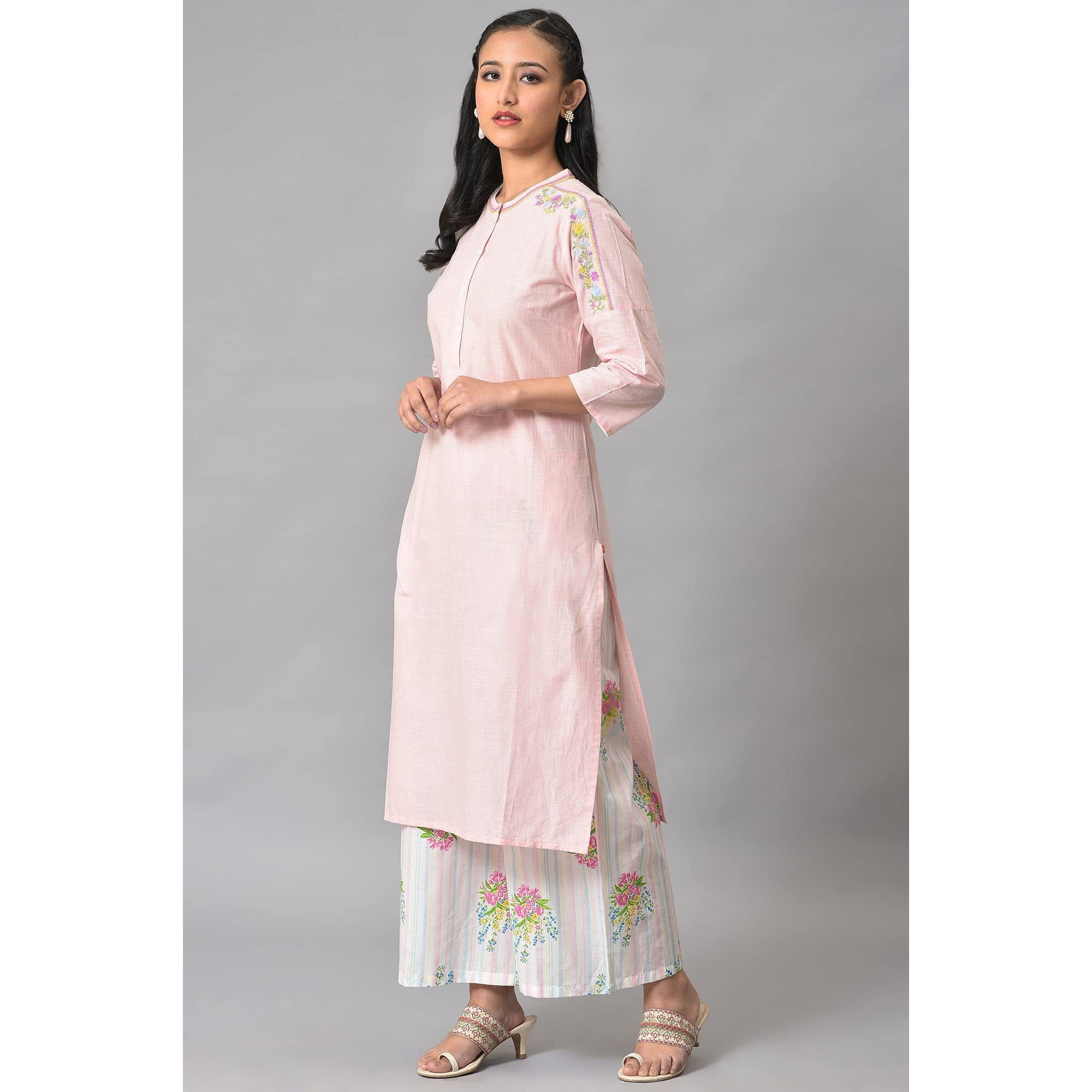 W For Woman Light Pink Mandarin Collar Kurta With Embroidery (Size Xs)-23Few18910-218672