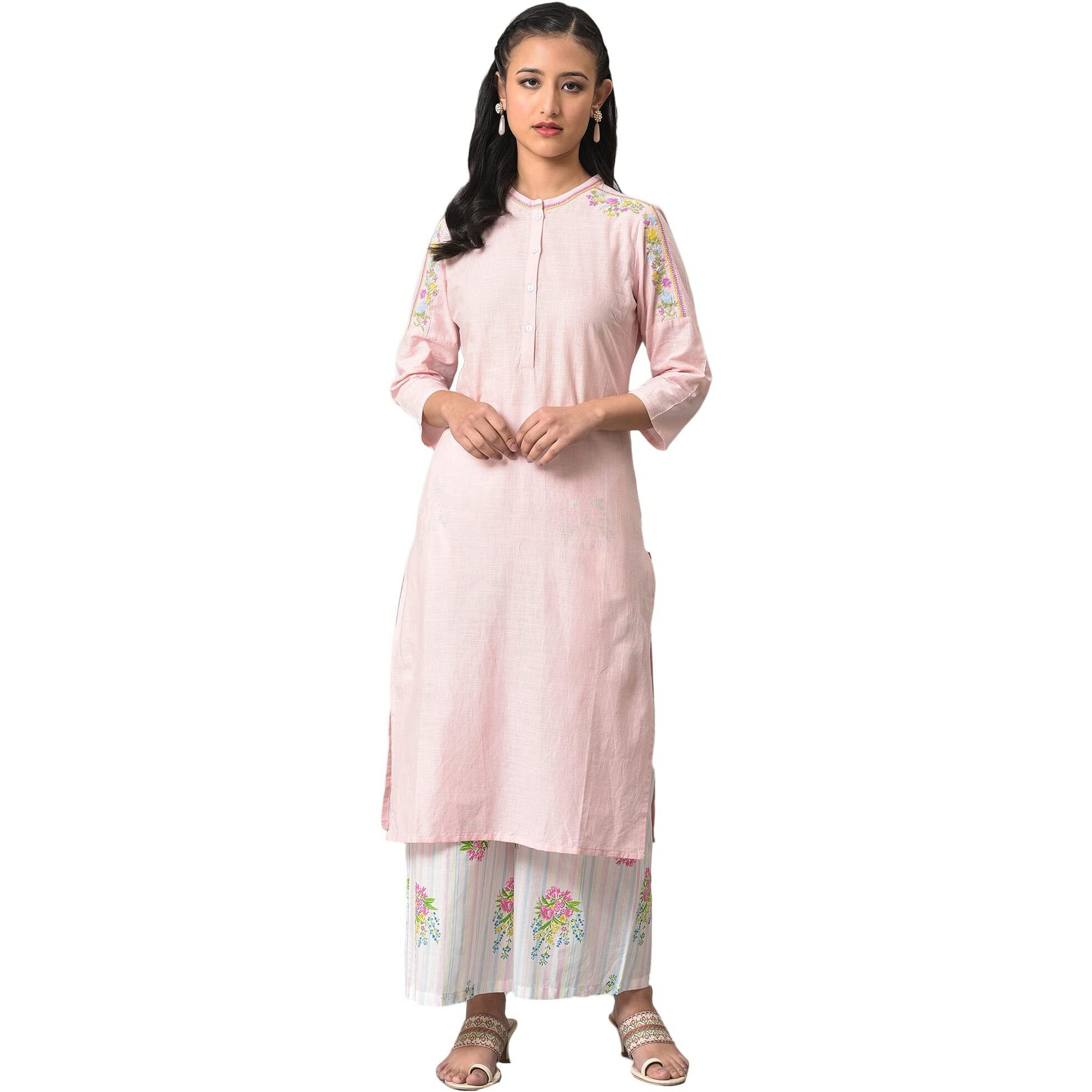 W For Woman Light Pink Mandarin Collar Kurta With Embroidery (Size S)-23Few18910-218672