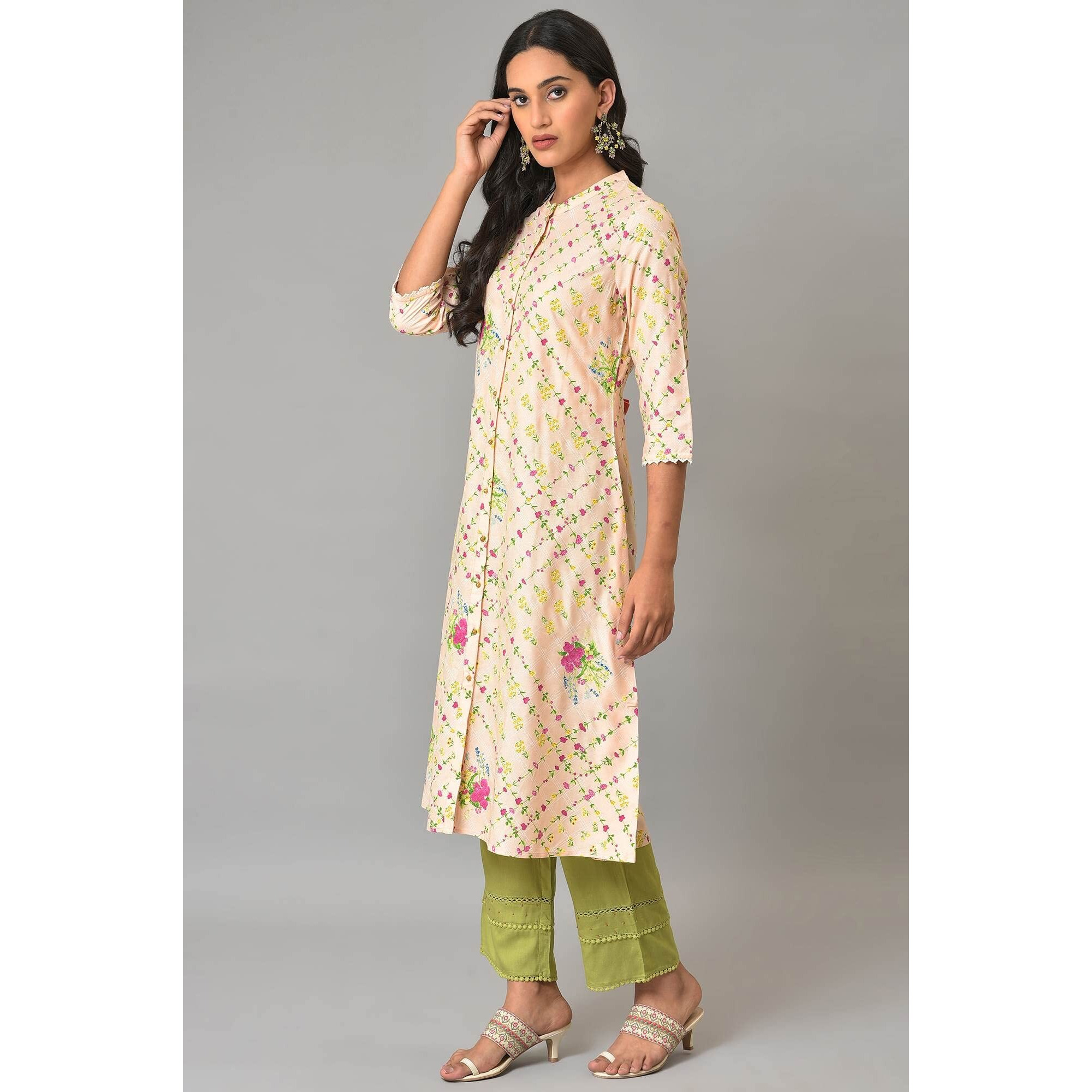 W For Woman Light Orange A-Line Floral Printed Plus Size Kurta_23Few18914G-120270_4Xl