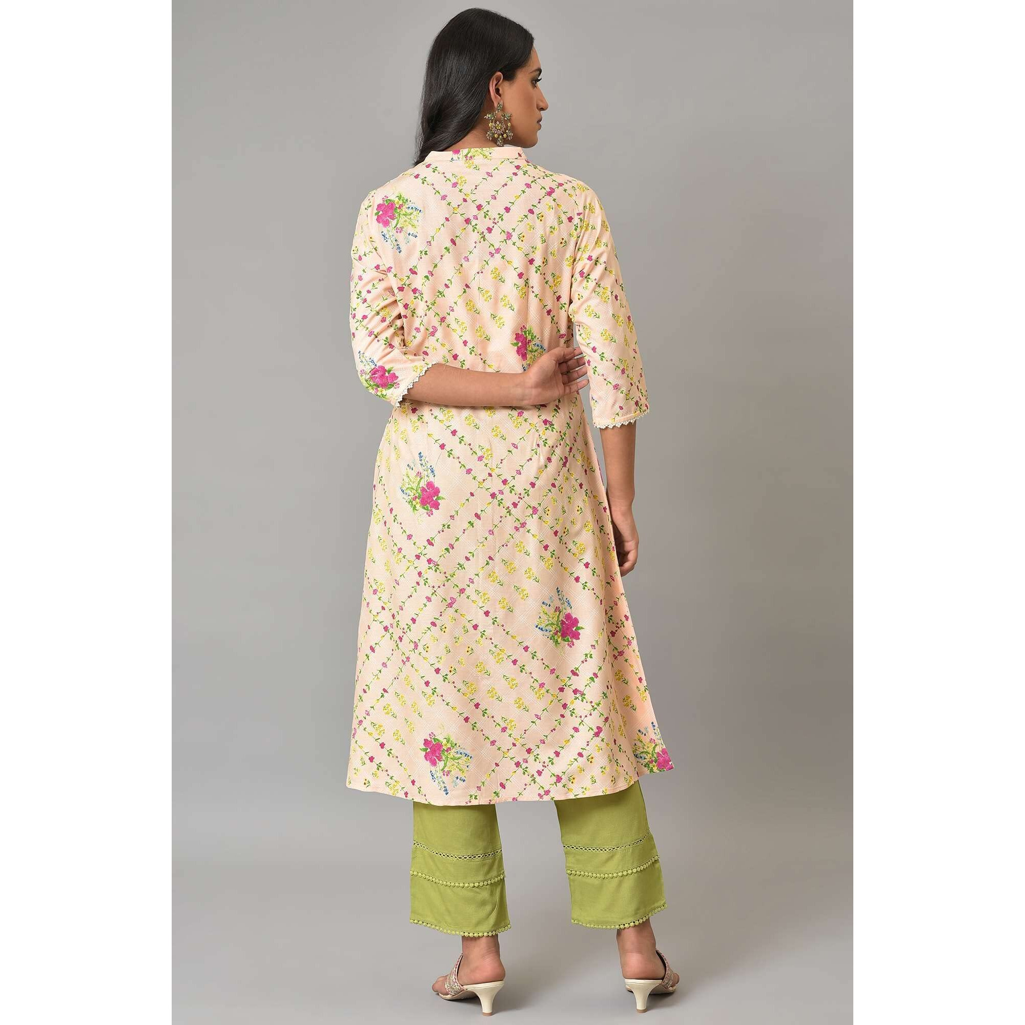 W For Woman Light Orange A-Line Floral Printed Plus Size Kurta_23Few18914G-120270_5Xl