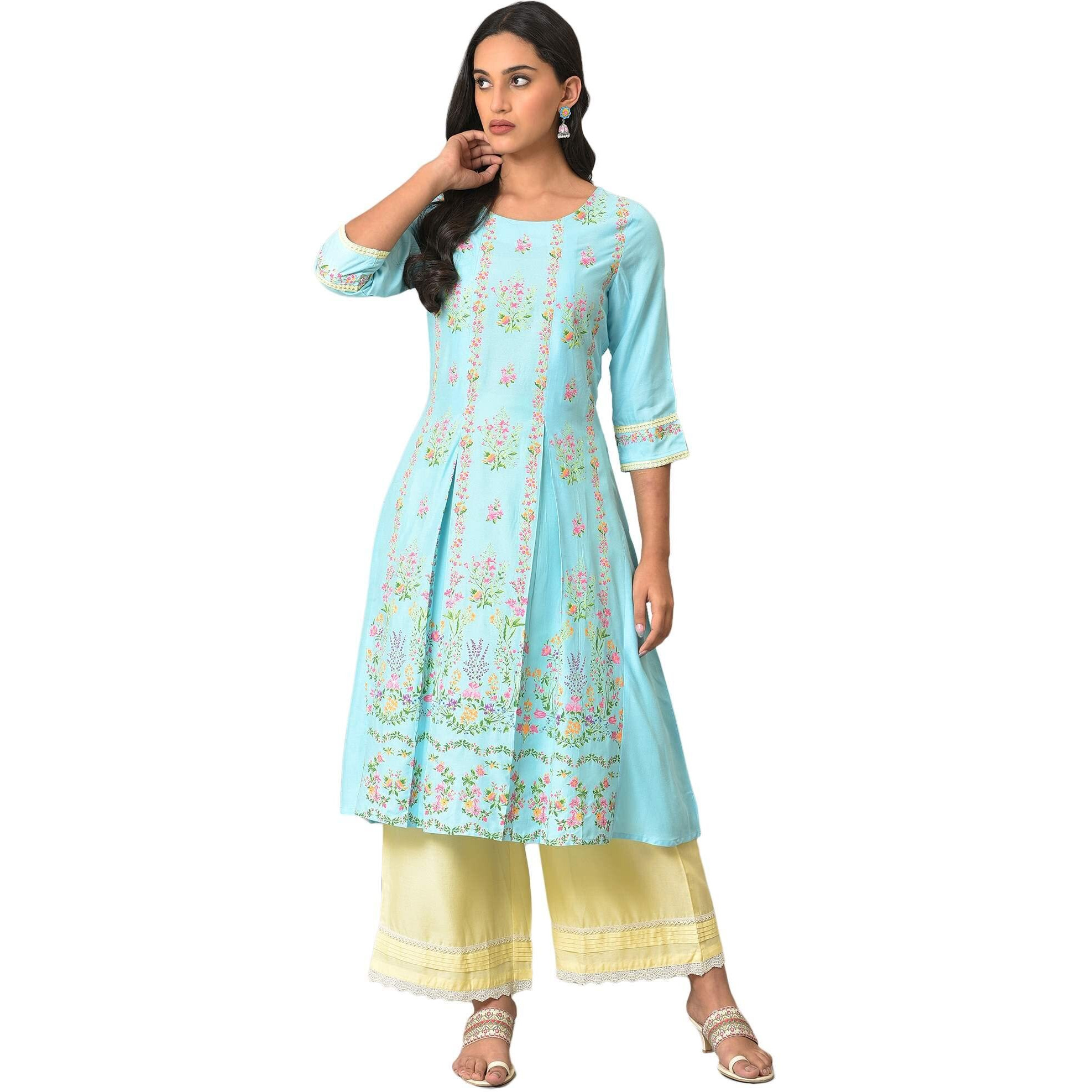 W For Woman Blue Floral Printed A-Line Front Pleated Kurta (Size L)-23Few18925-120288