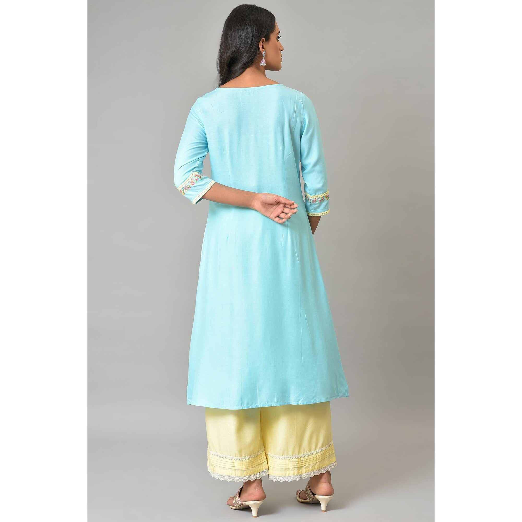 W For Woman Blue Floral Printed A-Line Front Pleated Kurta (Size L)-23Few18925-120288