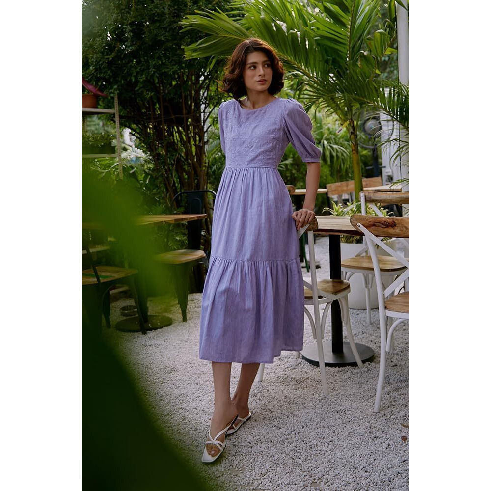 W For Woman Light Purple Embroidered Tiered Chambray Dress (Size S)-23Few18826-830226
