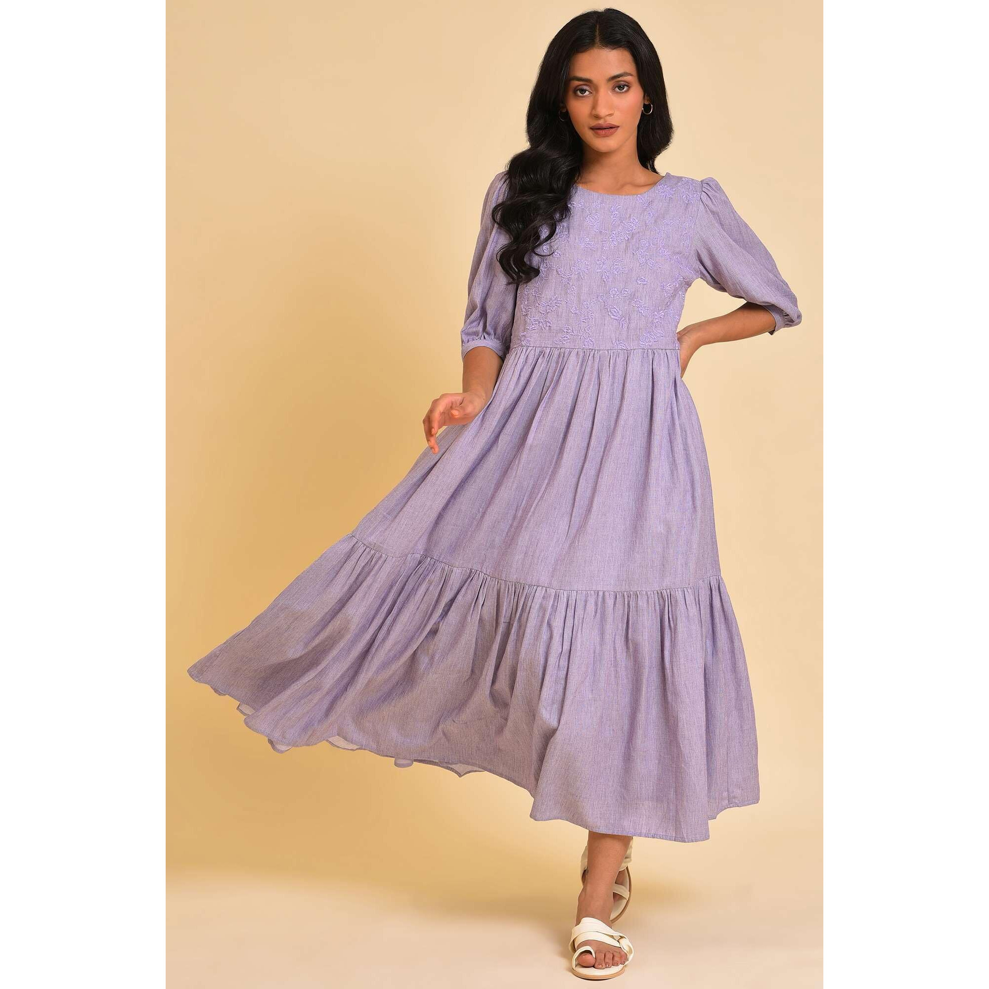 W For Woman Light Purple Embroidered Tiered Chambray Dress (Size S)-23Few18826-830226