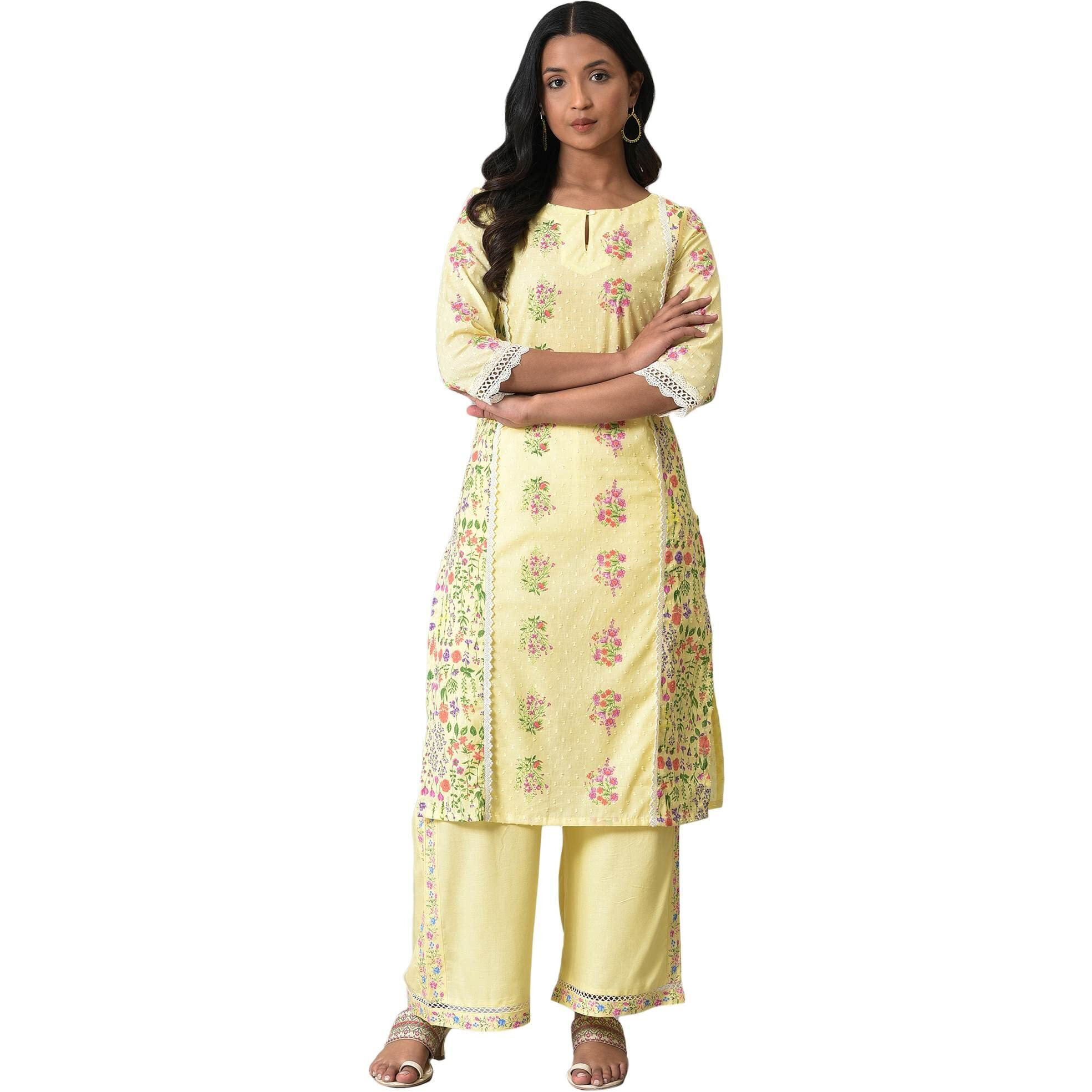 W For Woman Yellow Panelled Floral Kurta With Lace Detail (Size S)-23Few18931-120461