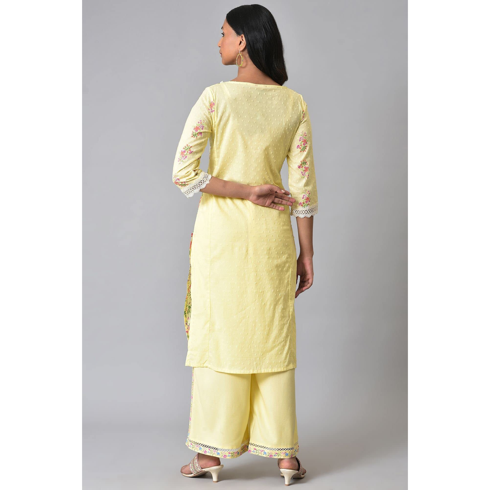 W For Woman Yellow Panelled Floral Kurta With Lace Detail (Size S)-23Few18931-120461