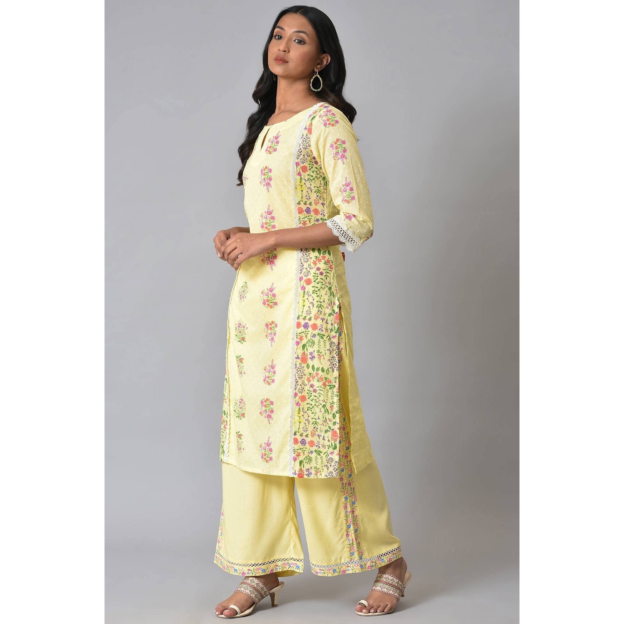 W For Woman Yellow Panelled Floral Kurta With Lace Detail (Size S)-23Few18931-120461