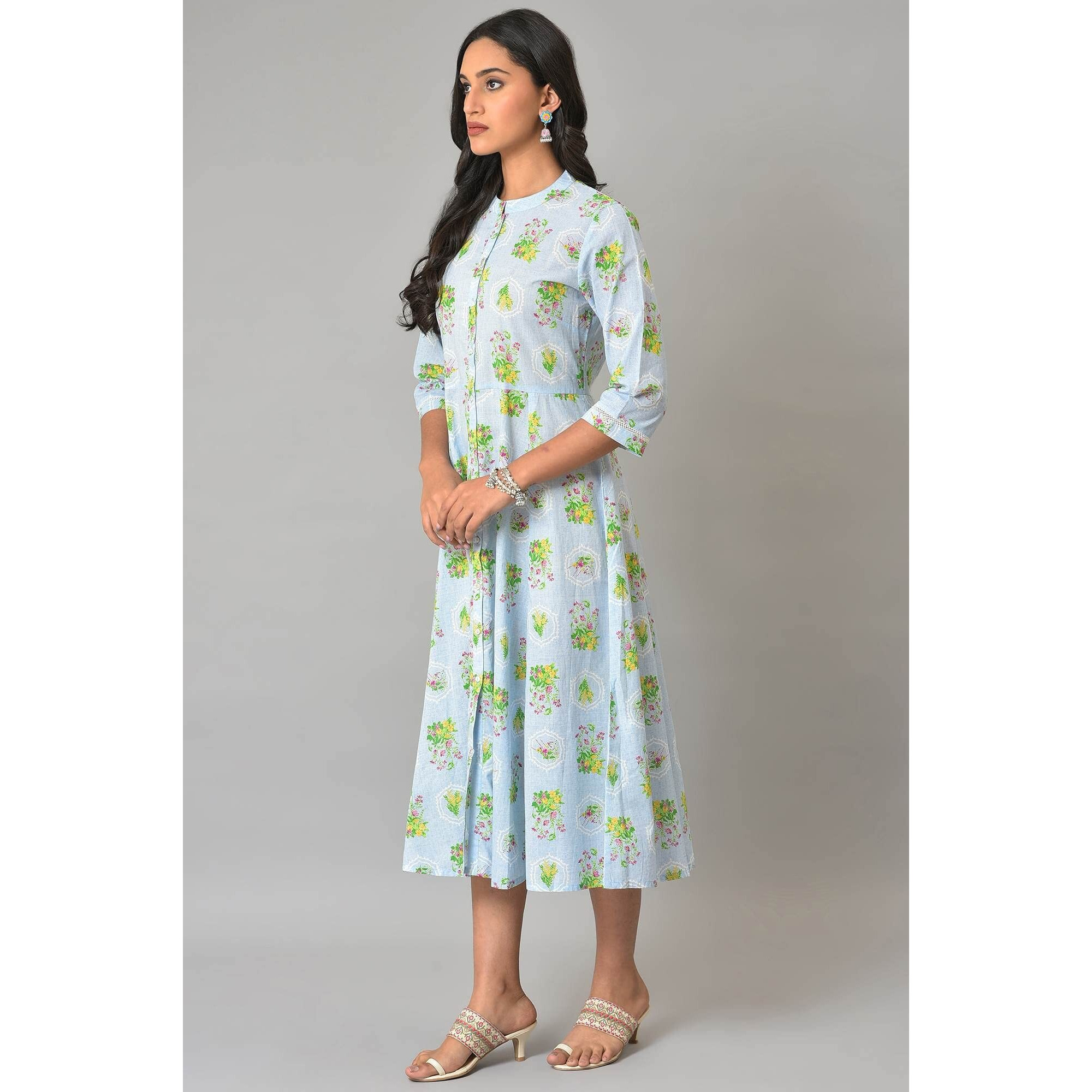 W For Woman Cotton Blue Floral Printes Summer Shirt Dress Calf Length 23Few18932-120275_Cool_18