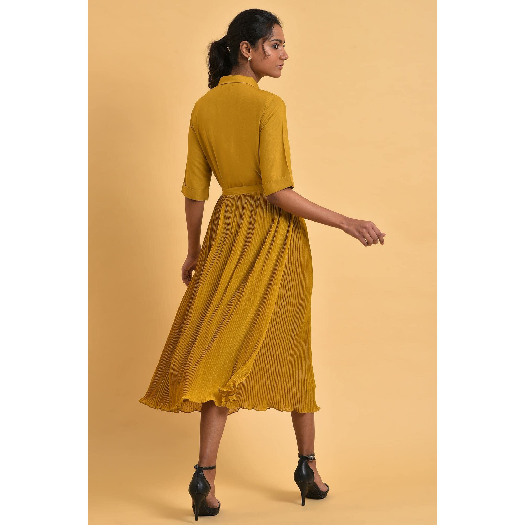 W For Woman Mustard Yellow Pleated Dress (Size M)-23Few18814-820561