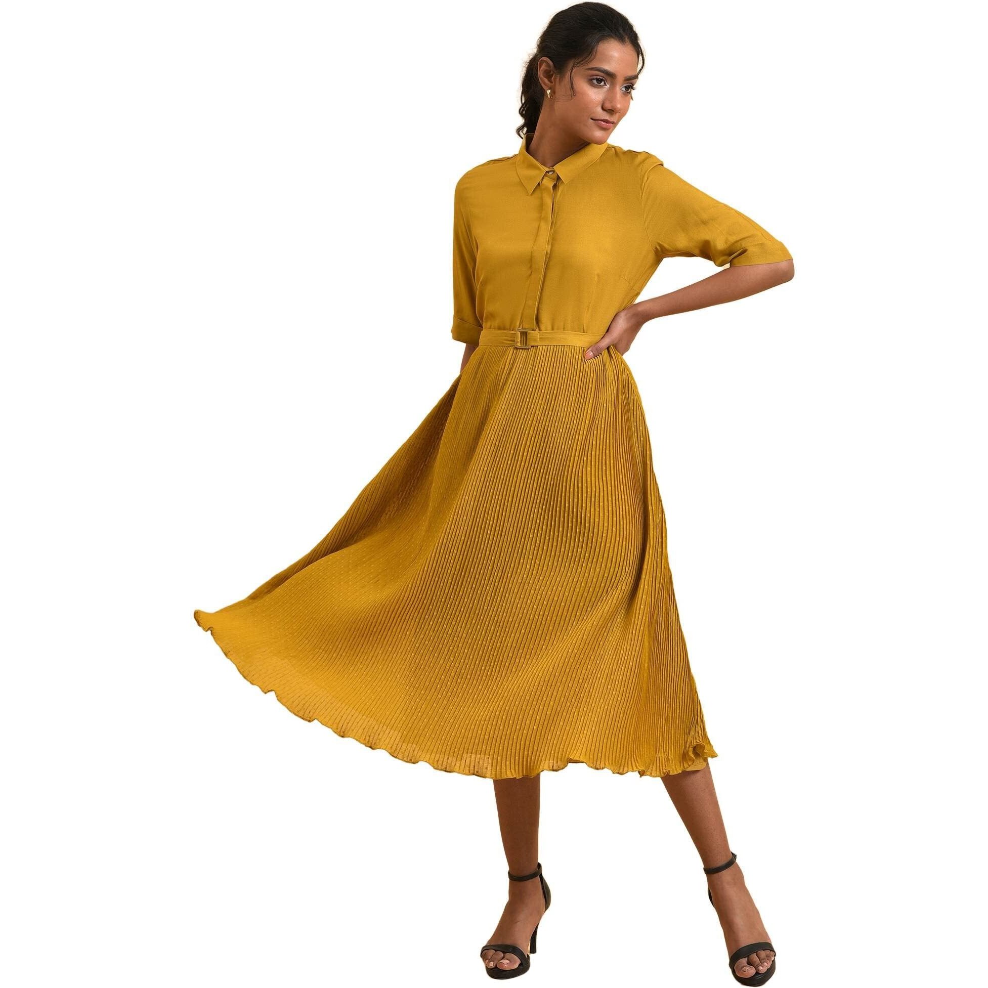 W For Woman Mustard Yellow Pleated Dress (Size L)-23Few18814-820561