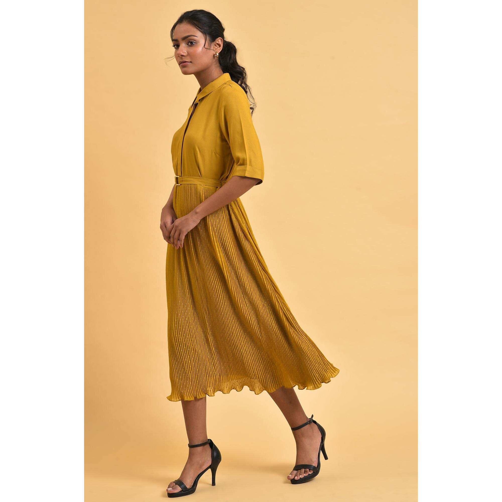 W For Woman Mustard Yellow Pleated Dress (Size L)-23Few18814-820561