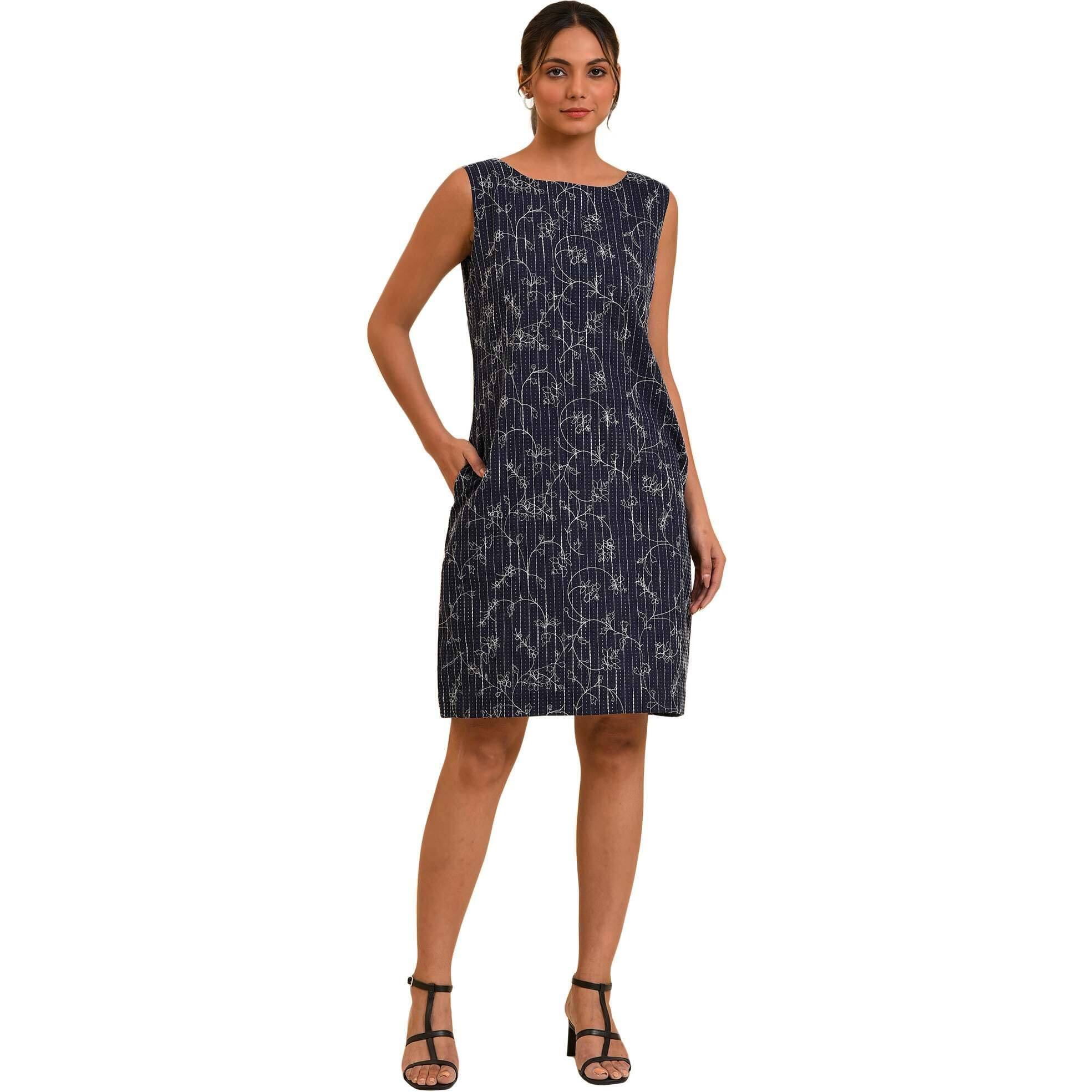 W For Woman Women's Cotton Blue Striped & Embroidered Sheath Dress Above The Knee (23Few18823-820567_Navy 12)