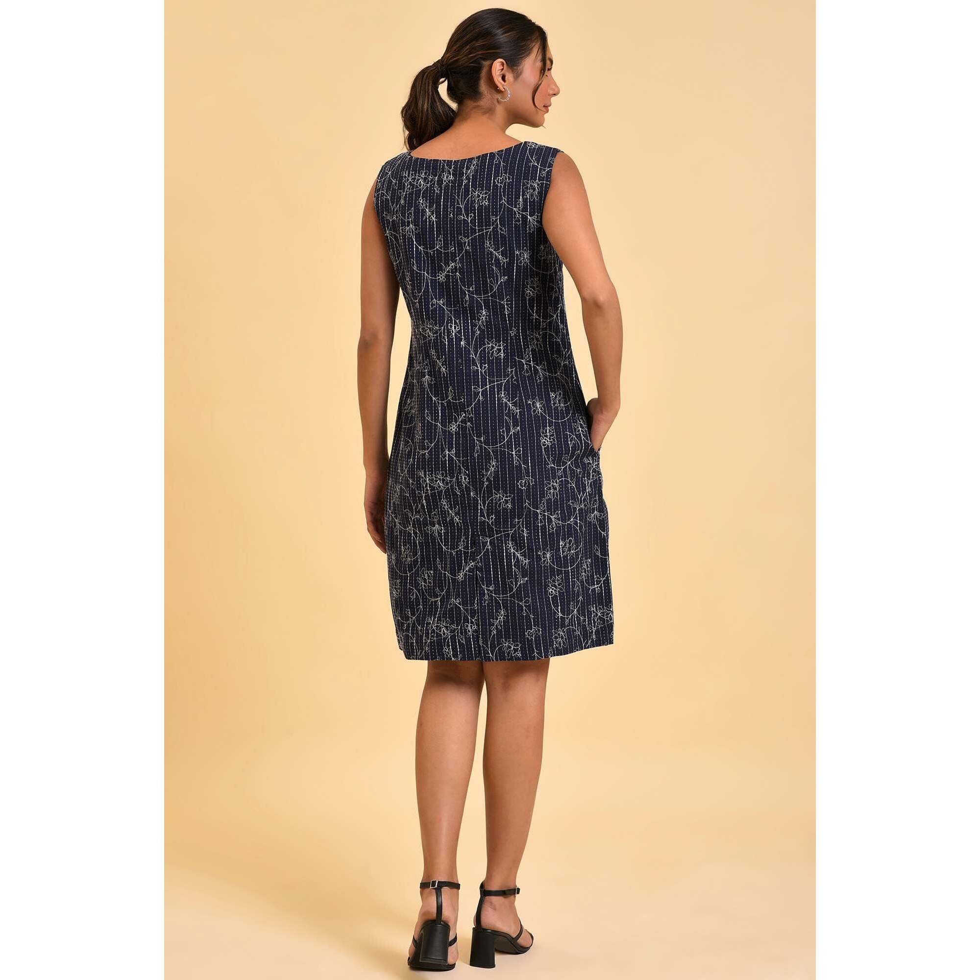 W For Woman Women's Cotton Blue Striped & Embroidered Sheath Dress Above The Knee (23Few18823-820567_Navy 12)