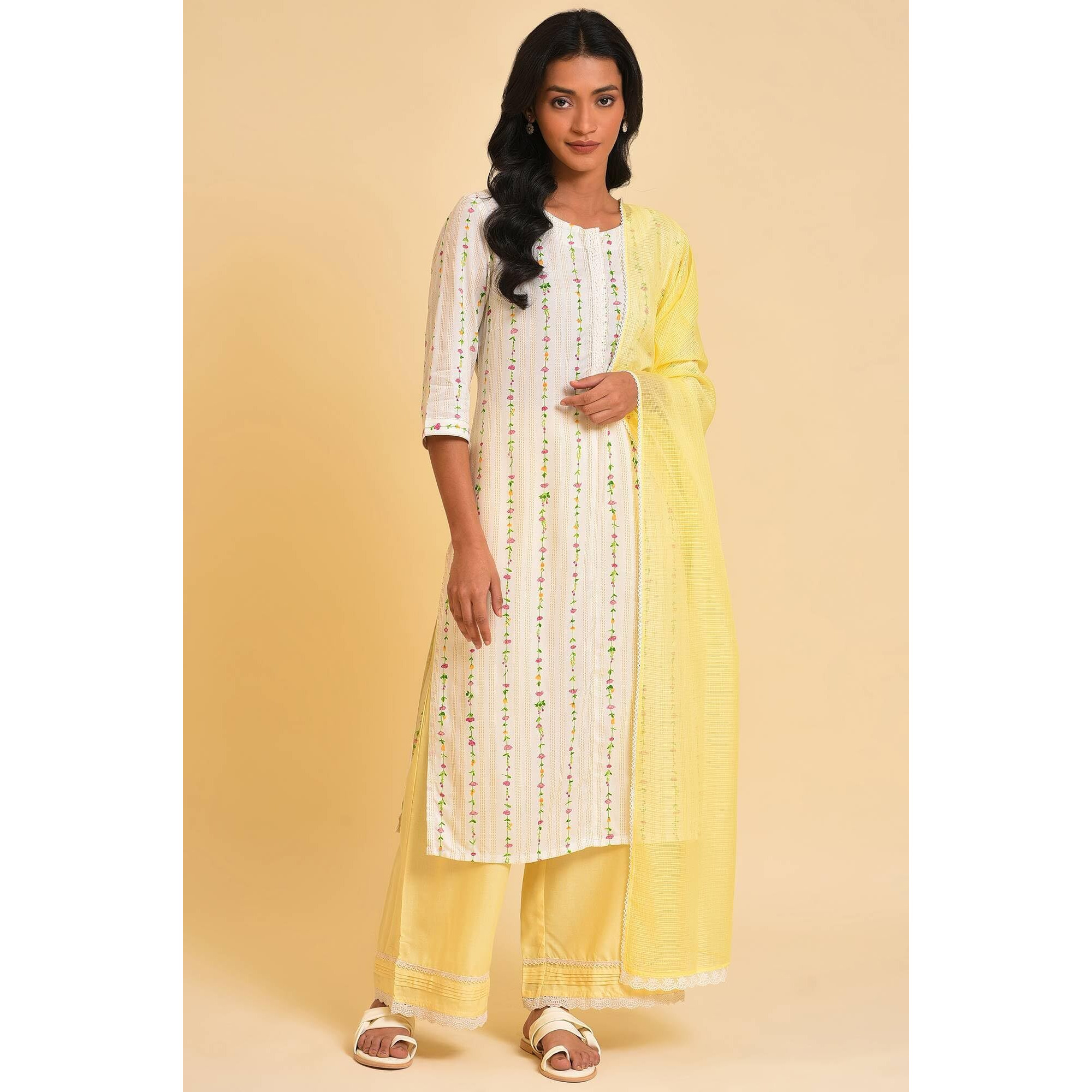 W For Woman Women Light Yellow Kota Dupatta With Lace, Free Size