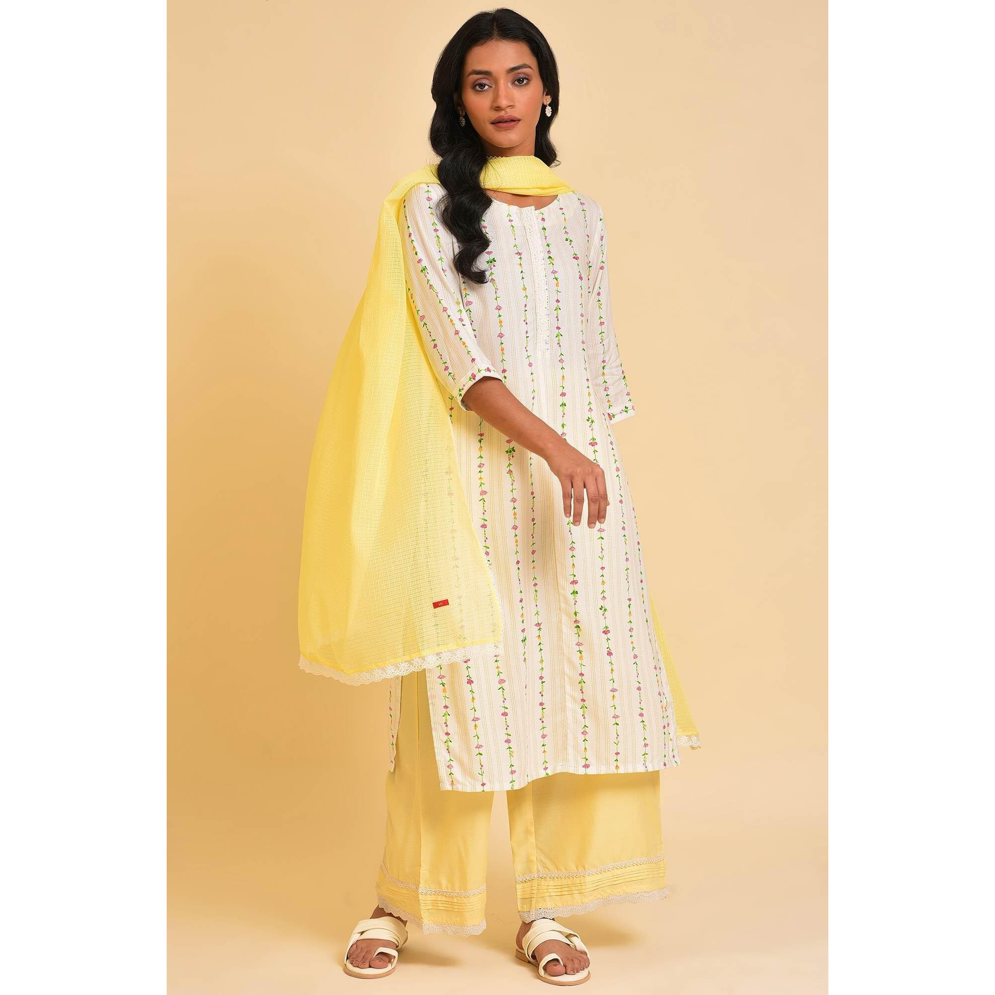 W For Woman Women Light Yellow Kota Dupatta With Lace, Free Size