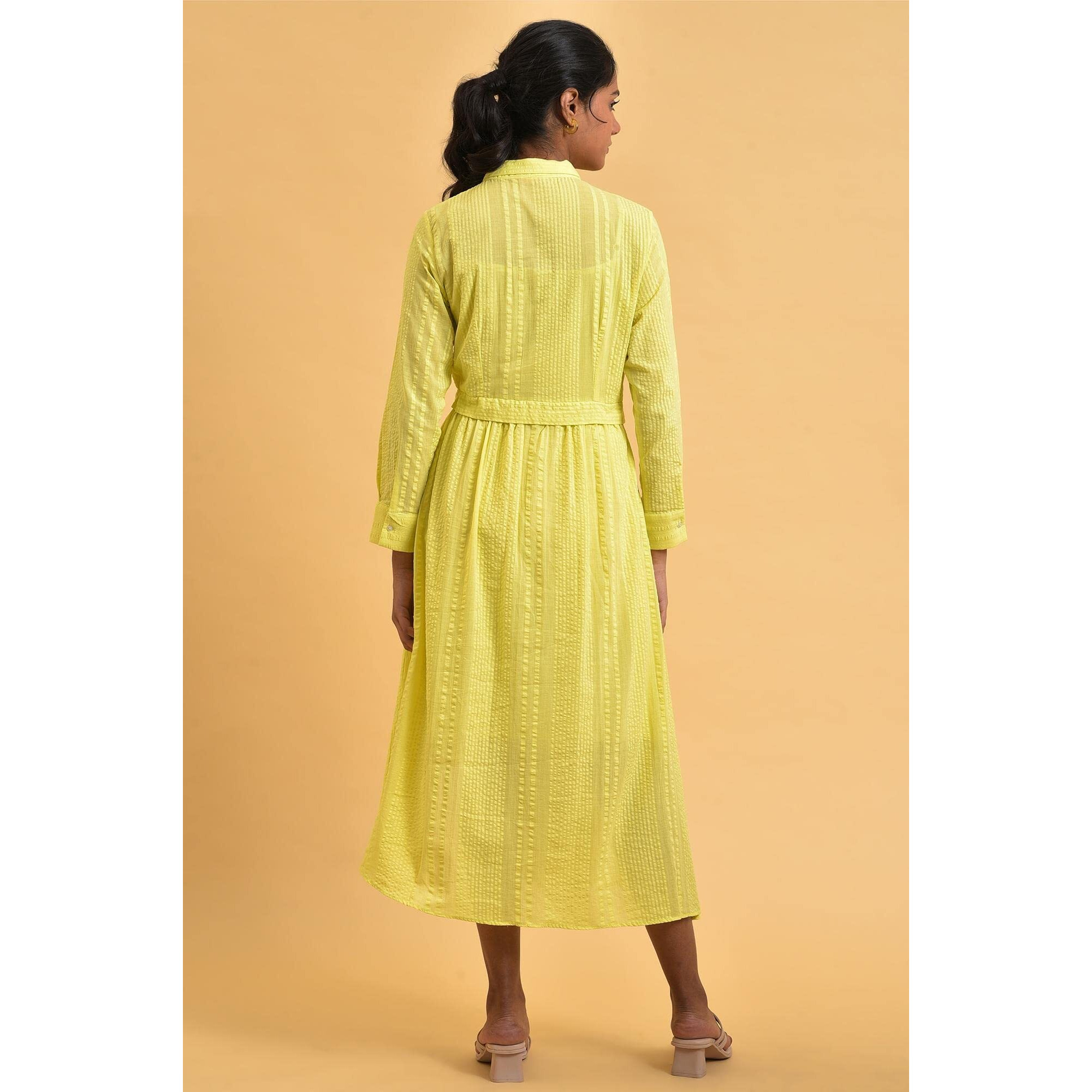 W For Woman Women's Cotton Green Gathered Shirt Collar Dress Calf Length (23Few18705-312376_Celery 14)