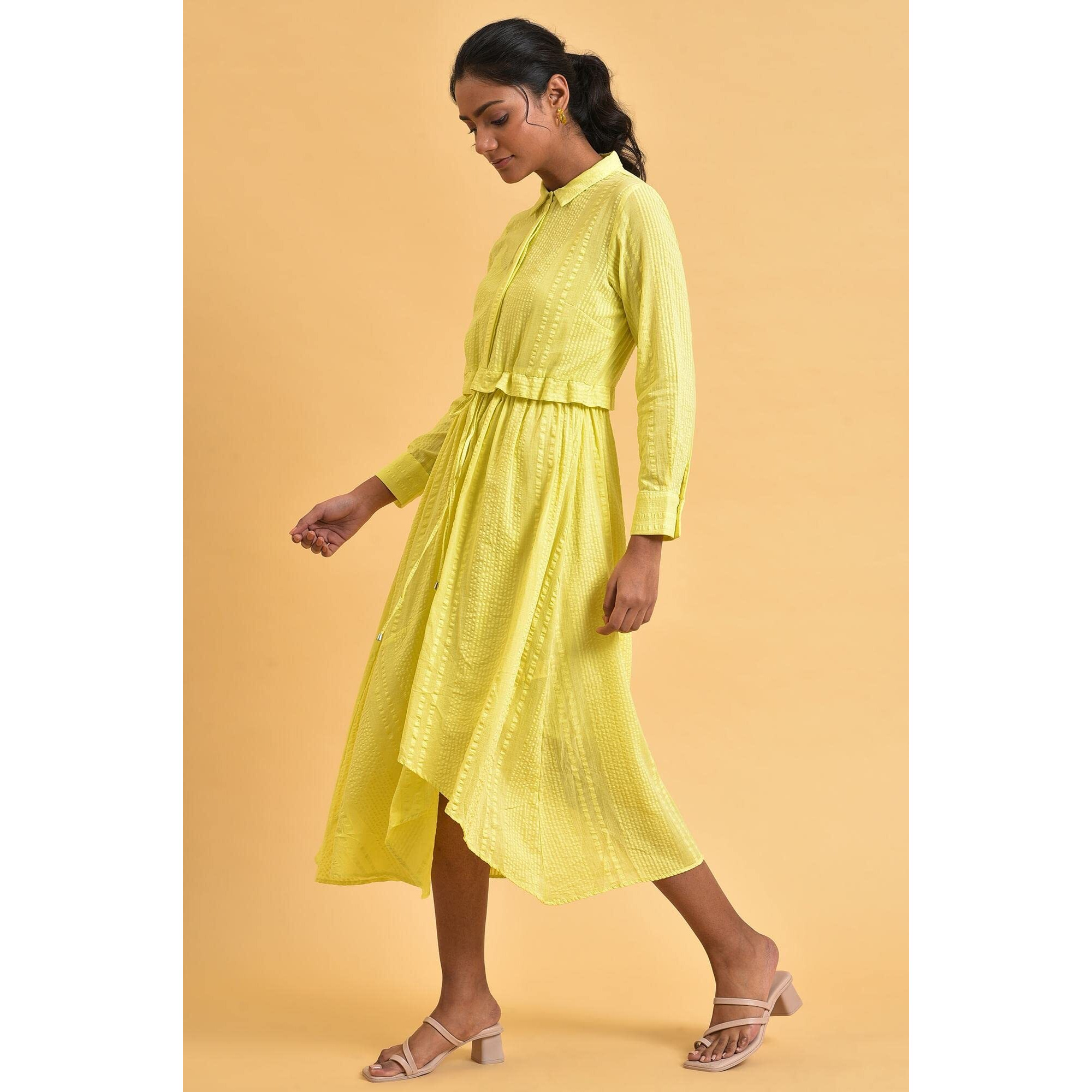 W For Woman Women's Cotton Green Gathered Shirt Collar Dress Calf Length (23Few18705-312376_Celery 14)