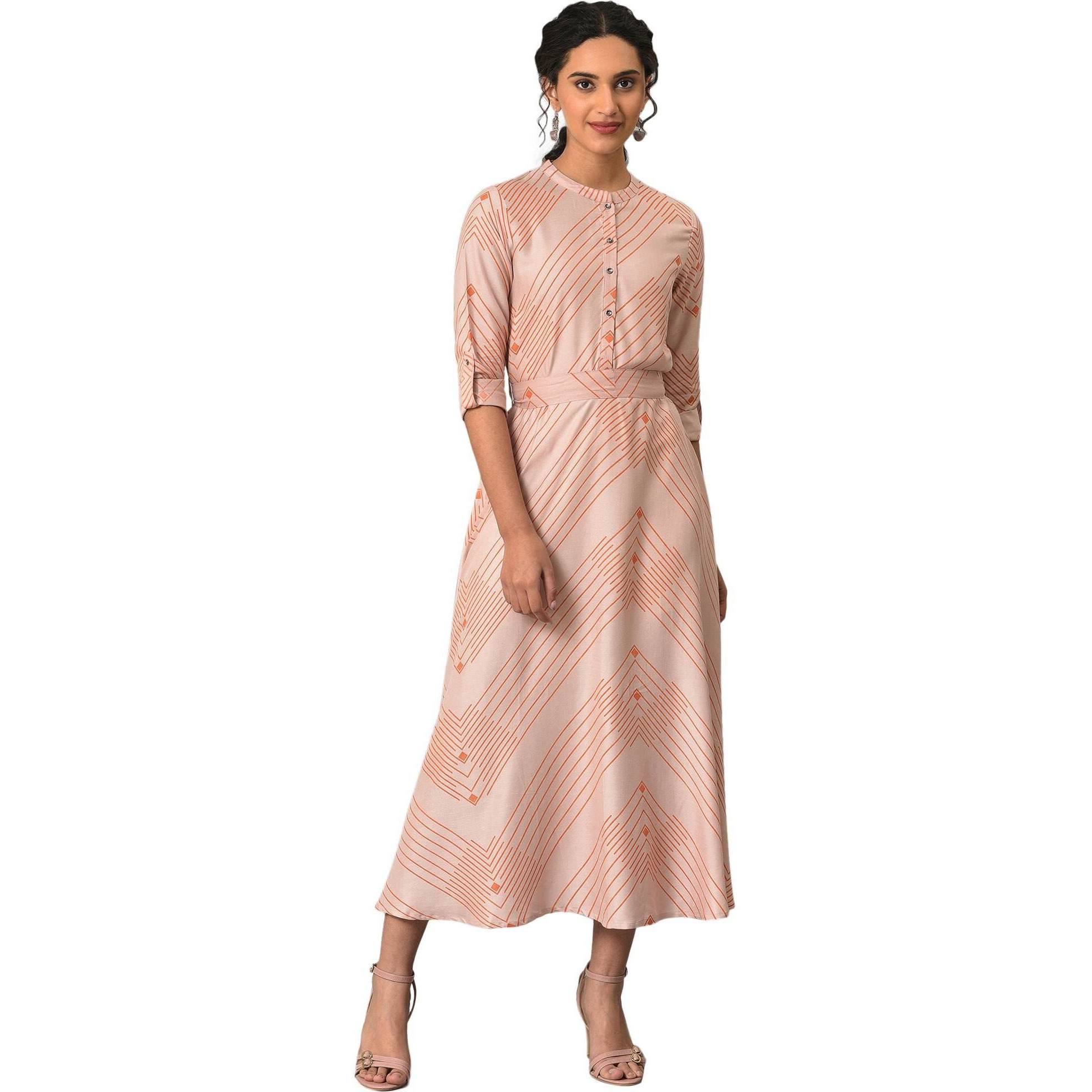 W Light Pink Geometric Printed Maxi Dress For Women