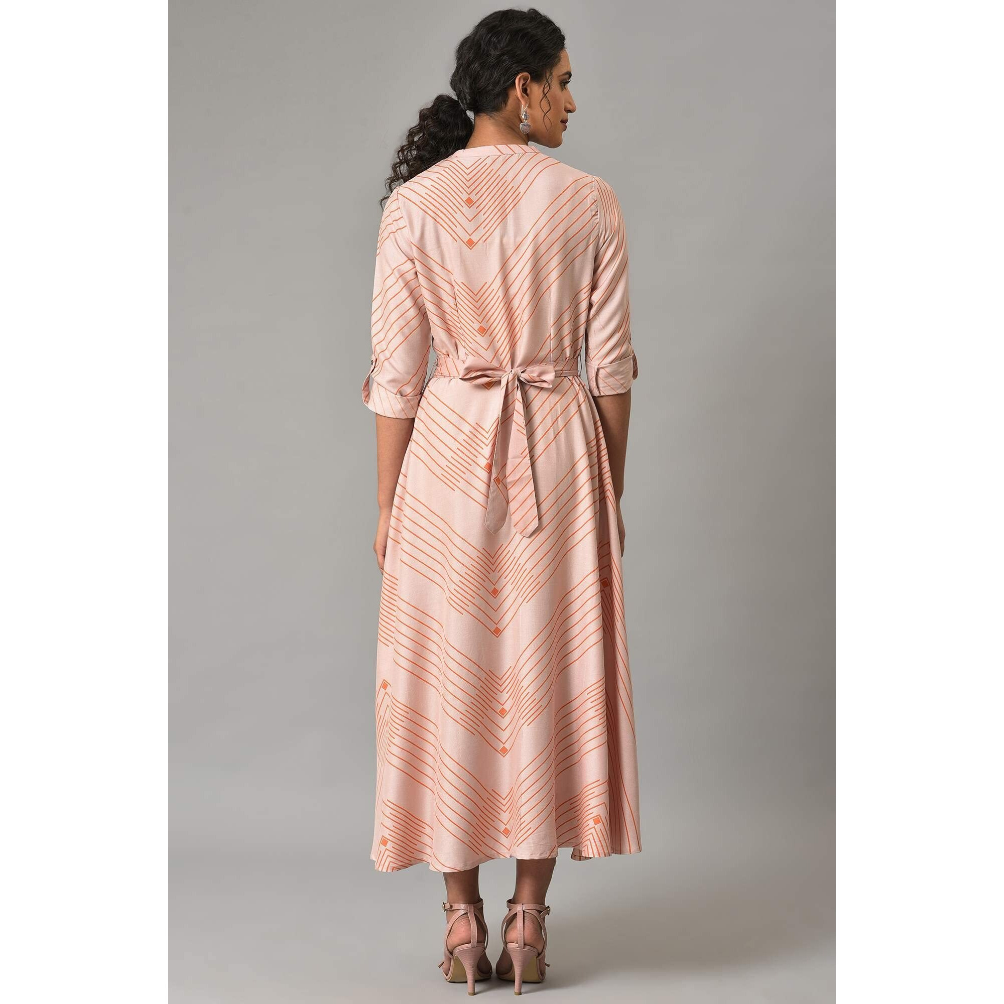 W Light Pink Geometric Printed Maxi Dress For Women