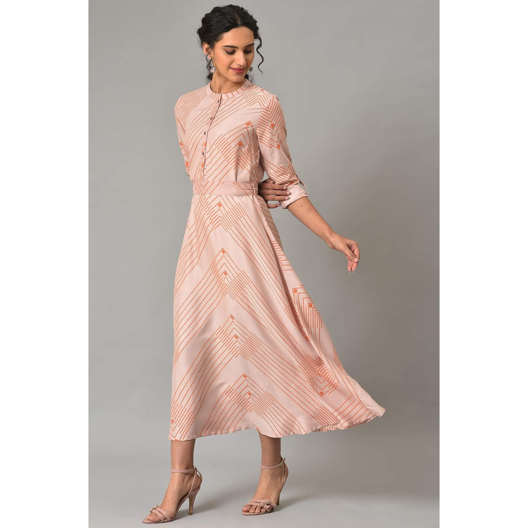 W Light Pink Geometric Printed Maxi Dress For Women