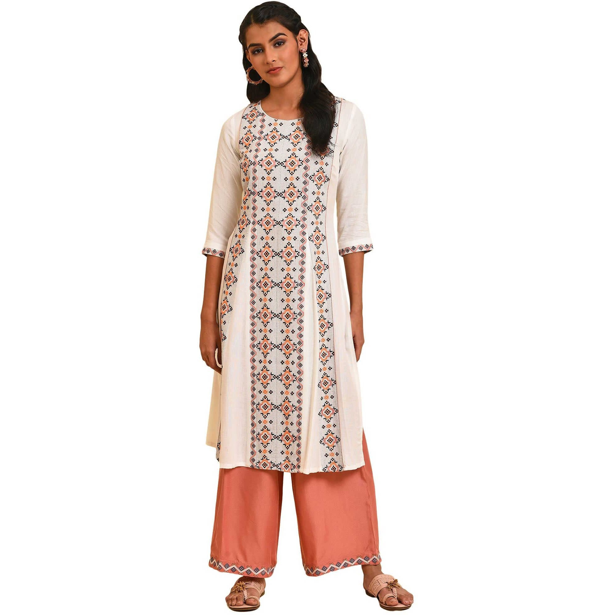 W For Woman Ecru Geometric Print Round Neck Summer Kurta_23Few18707-312739_Xl