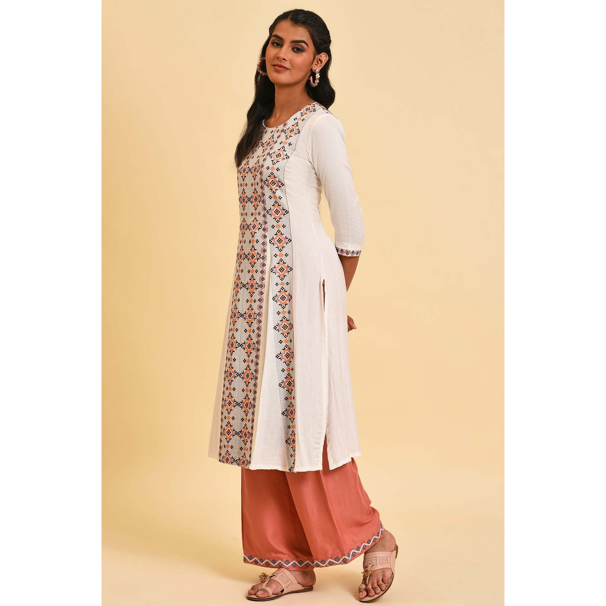 W For Woman Ecru Geometric Print Round Neck Summer Kurta_23Few18707-312739_Xl