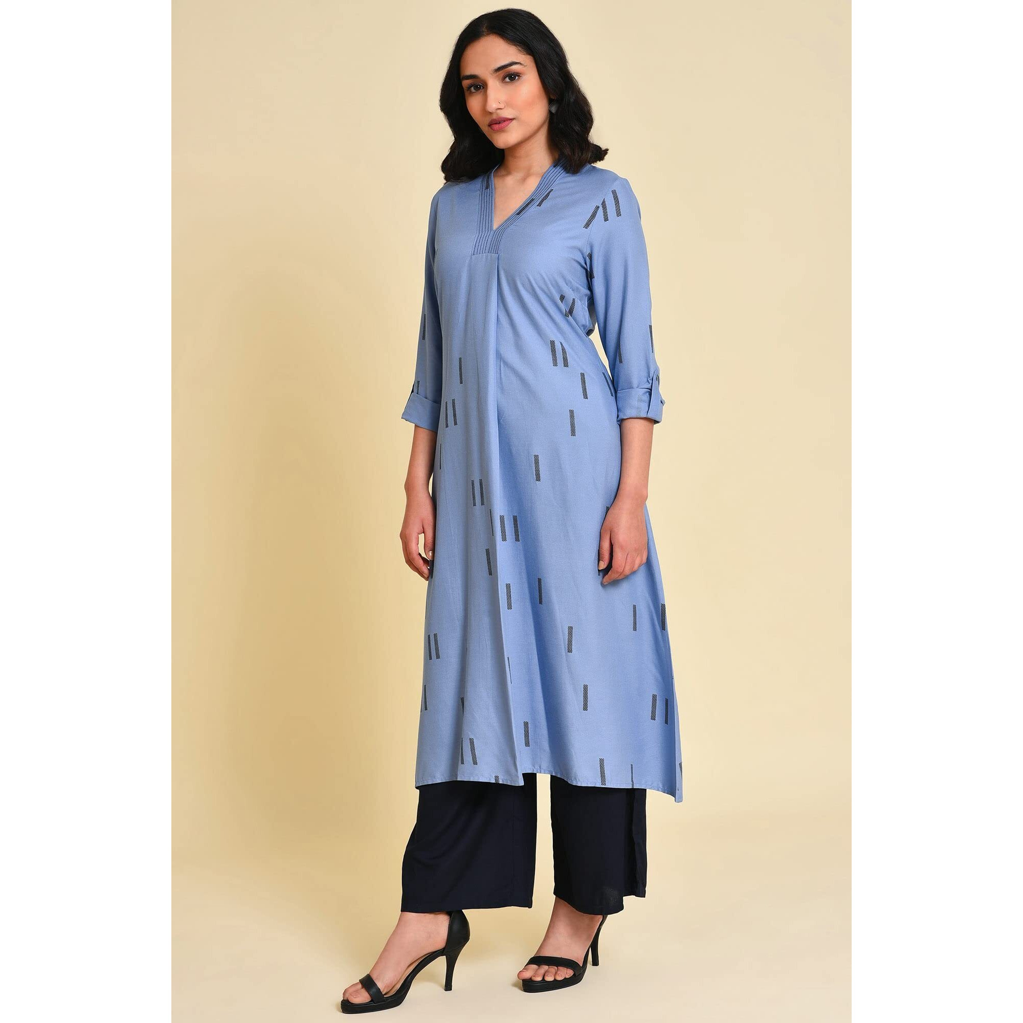 W For Woman Blue V-Neck Summer Kurta_23Few18709-120118_L_12